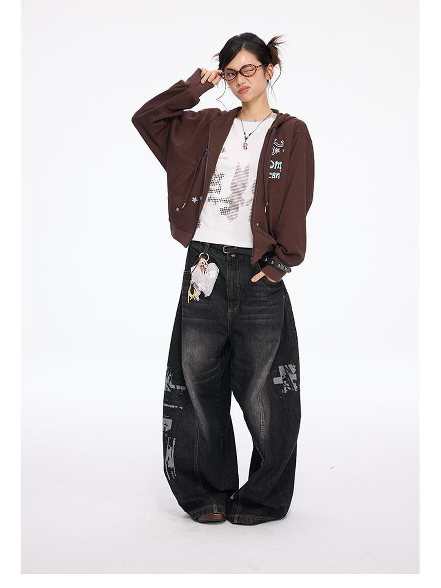 MOMSYCAN FOX LINE Early Autumn Loose Batwing Sleeve Printed Hooded Sweatshirt