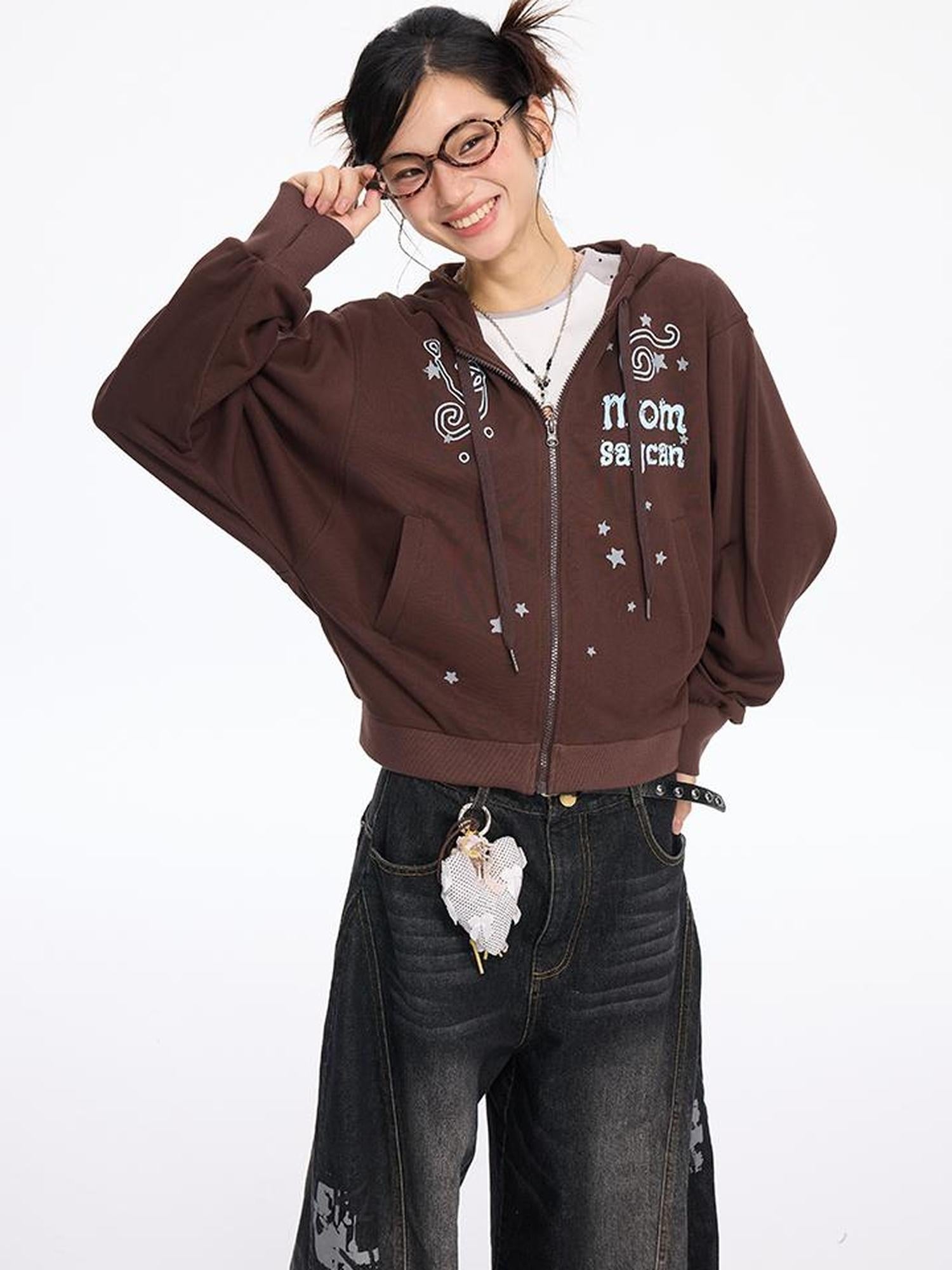 MOMSYCAN FOX LINE Early Autumn Loose Batwing Sleeve Printed Hooded Sweatshirt