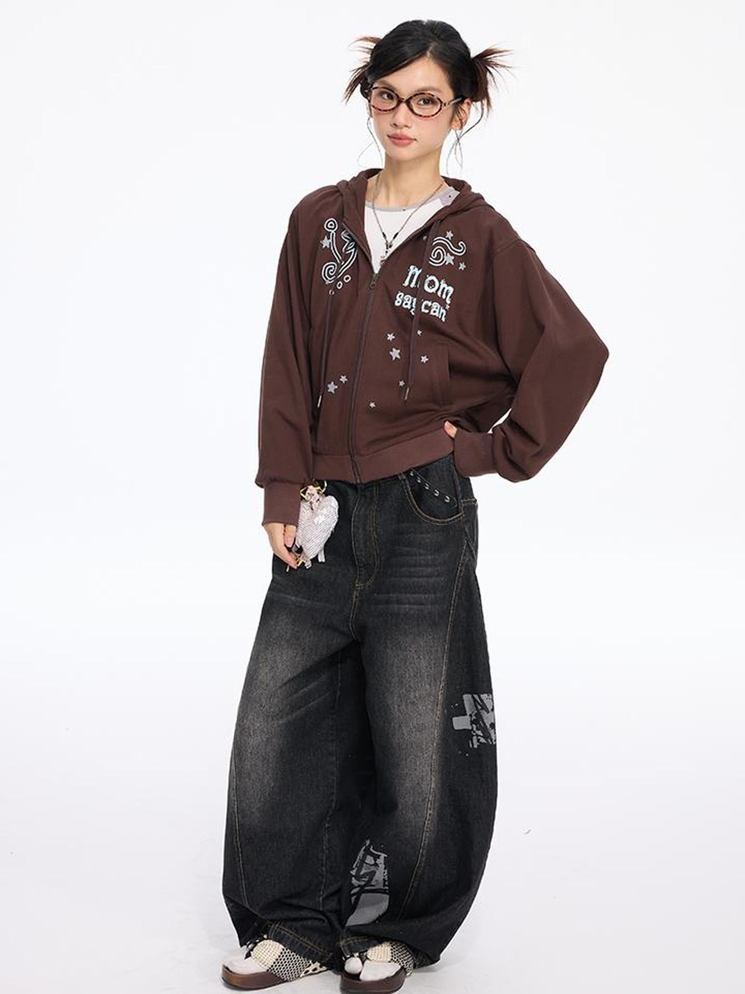 MOMSYCAN FOX LINE Early Autumn Loose Batwing Sleeve Printed Hooded Sweatshirt