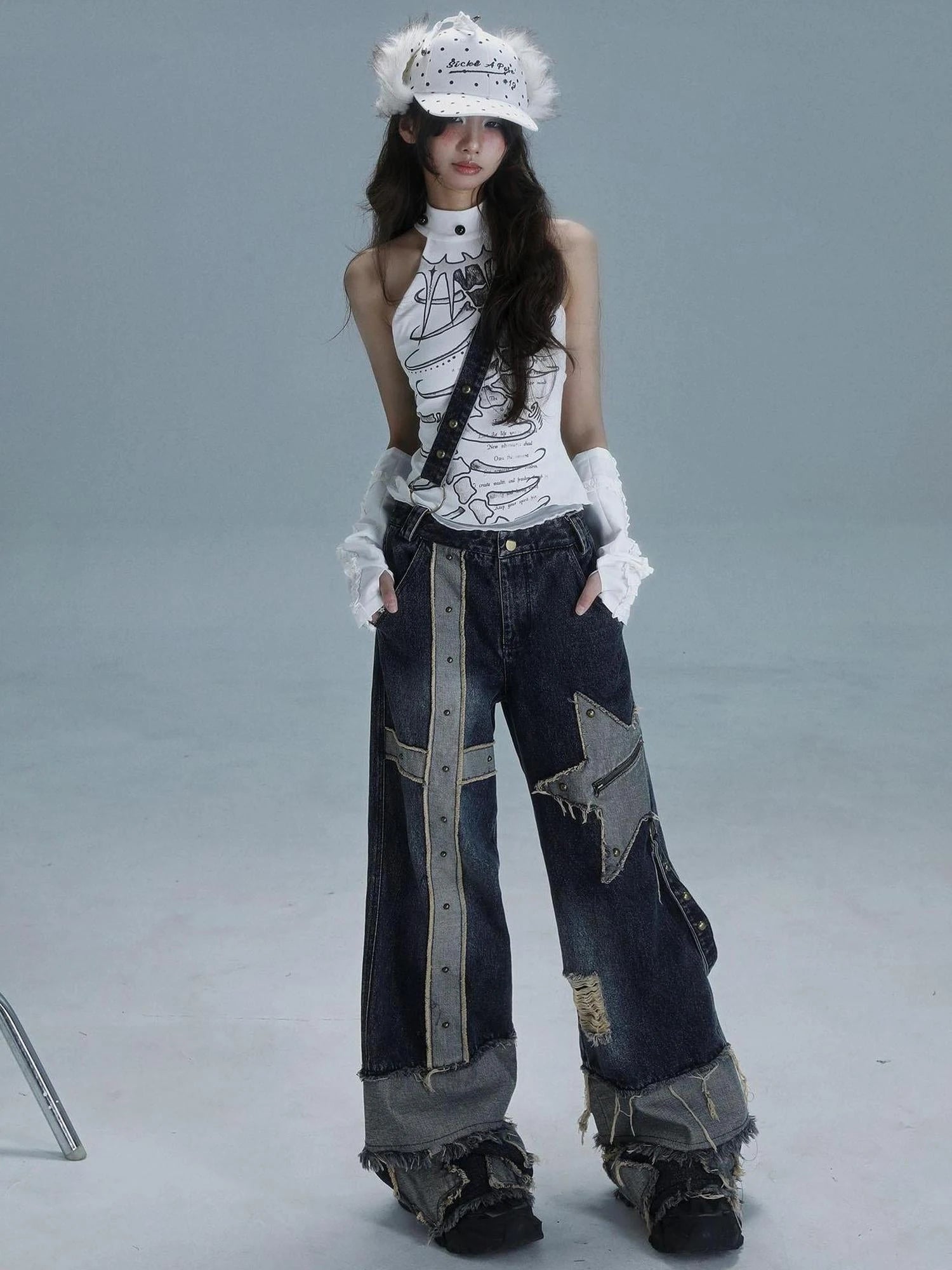 Echo Headphone Denim Low Rise Wide Leg Washed Jeans With Studs