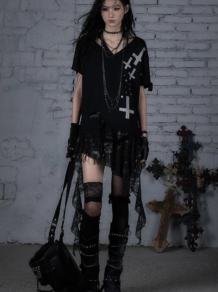 Edgy Punk Rock Distressed Lace Trim Asym Hem Loose T-Shirt