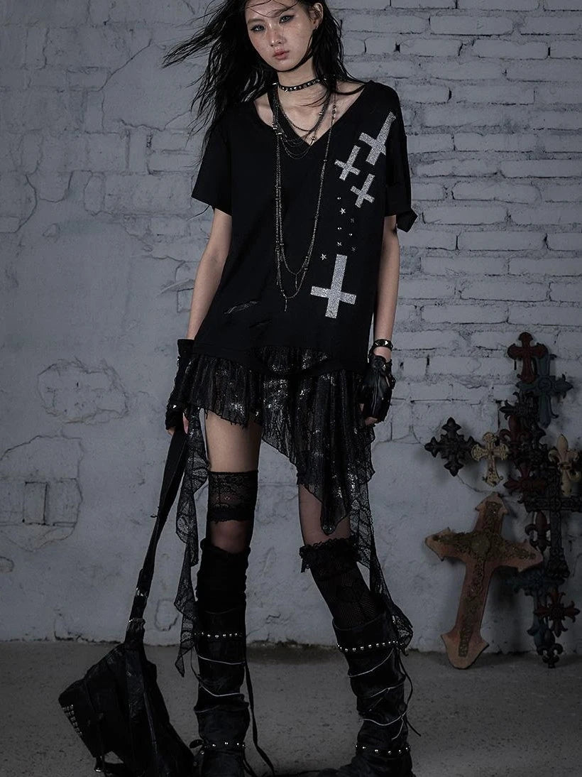 Edgy Punk Rock Distressed Lace Trim Asym Hem Loose T-Shirt