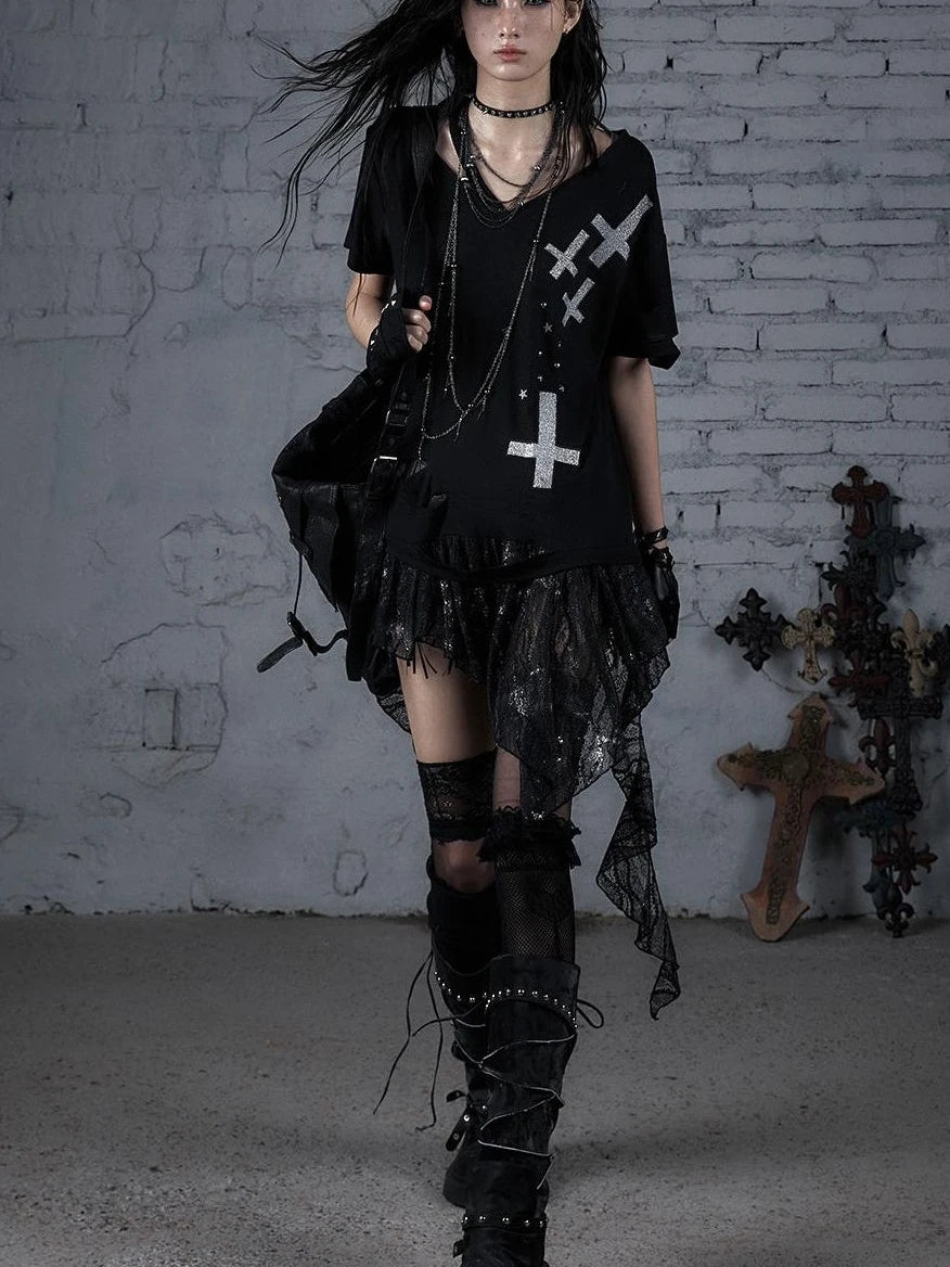 Edgy Punk Rock Distressed Lace Trim Asym Hem Loose T-Shirt