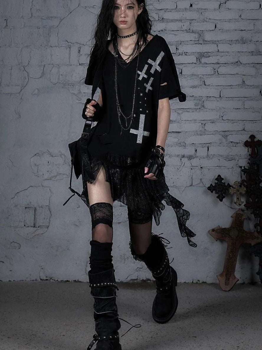 Edgy Punk Rock Distressed Lace Trim Asym Hem Loose T-Shirt