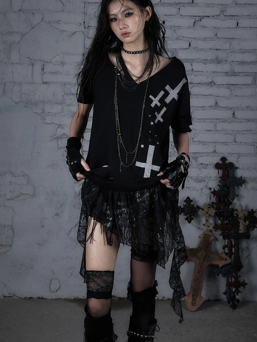 Edgy Punk Rock Distressed Lace Trim Asym Hem Loose T-Shirt