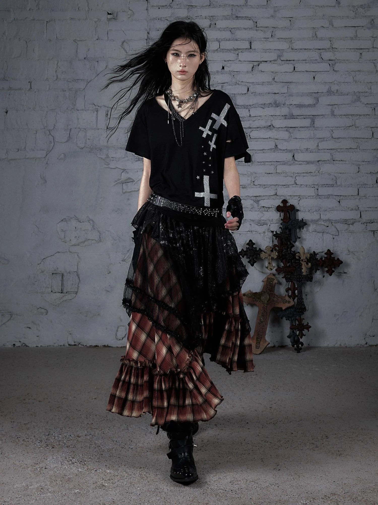 Edgy Punk Rock Distressed Lace Trim Asym Hem Loose T-Shirt