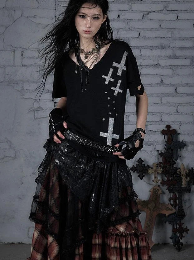 Edgy Punk Rock Distressed Lace Trim Asym Hem Loose T-Shirt