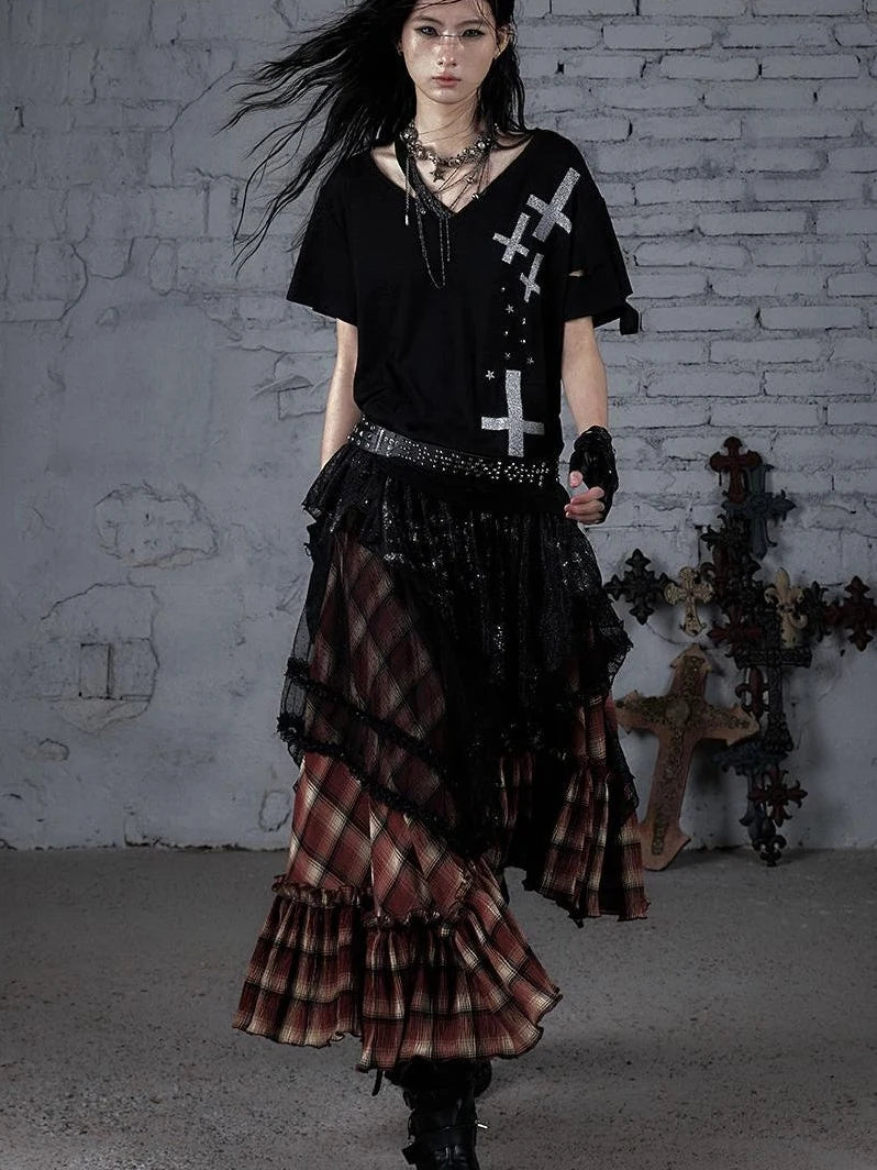 Edgy Punk Rock Distressed Lace Trim Asym Hem Loose T-Shirt