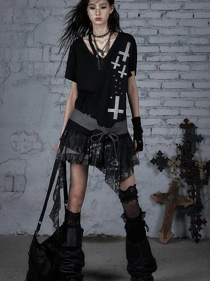 Edgy Punk Rock Distressed Lace Trim Asym Hem Loose T-Shirt