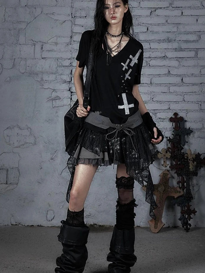 Edgy Punk Rock Distressed Lace Trim Asym Hem Loose T-Shirt