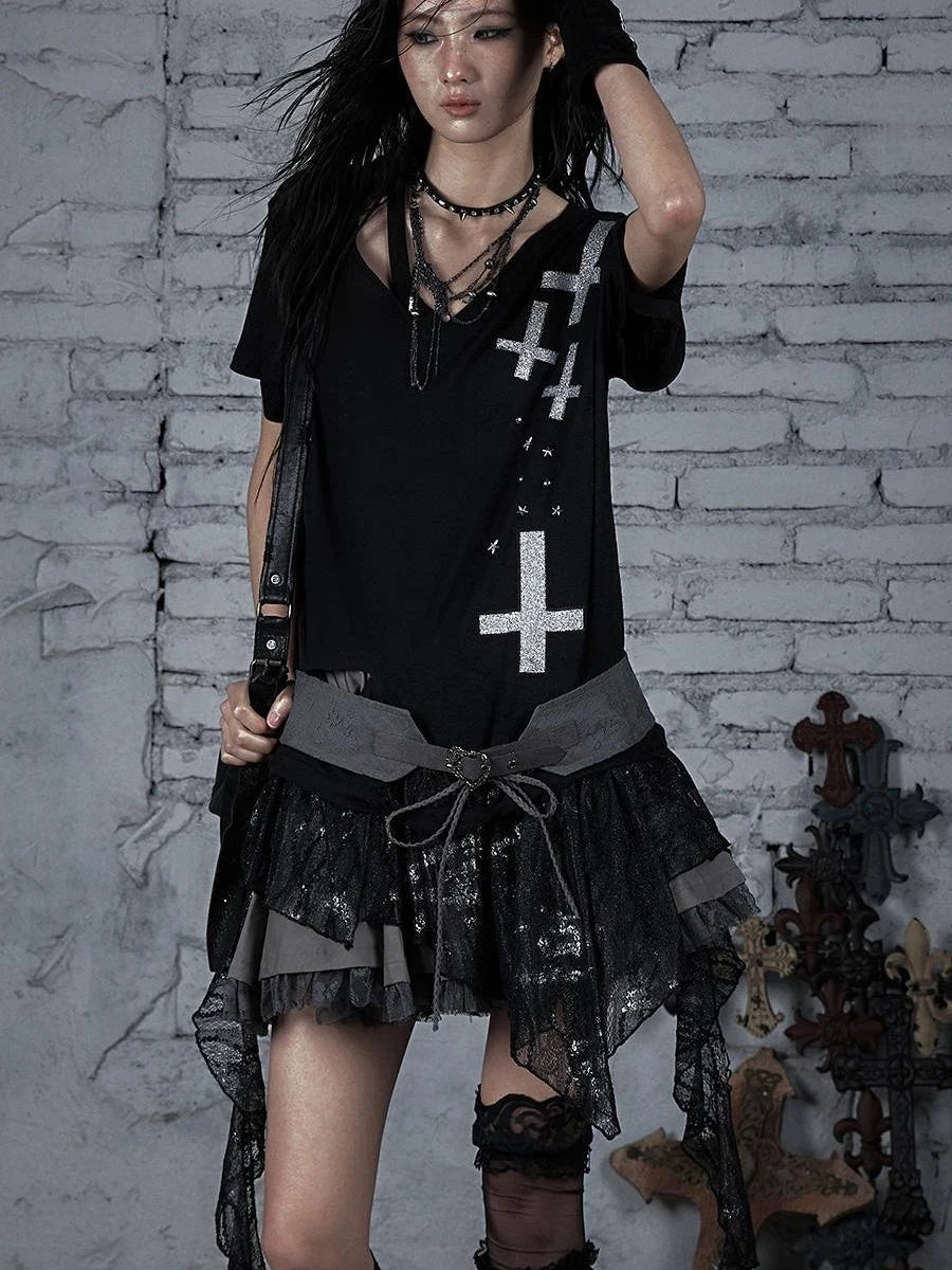 Edgy Punk Rock Distressed Lace Trim Asym Hem Loose T-Shirt