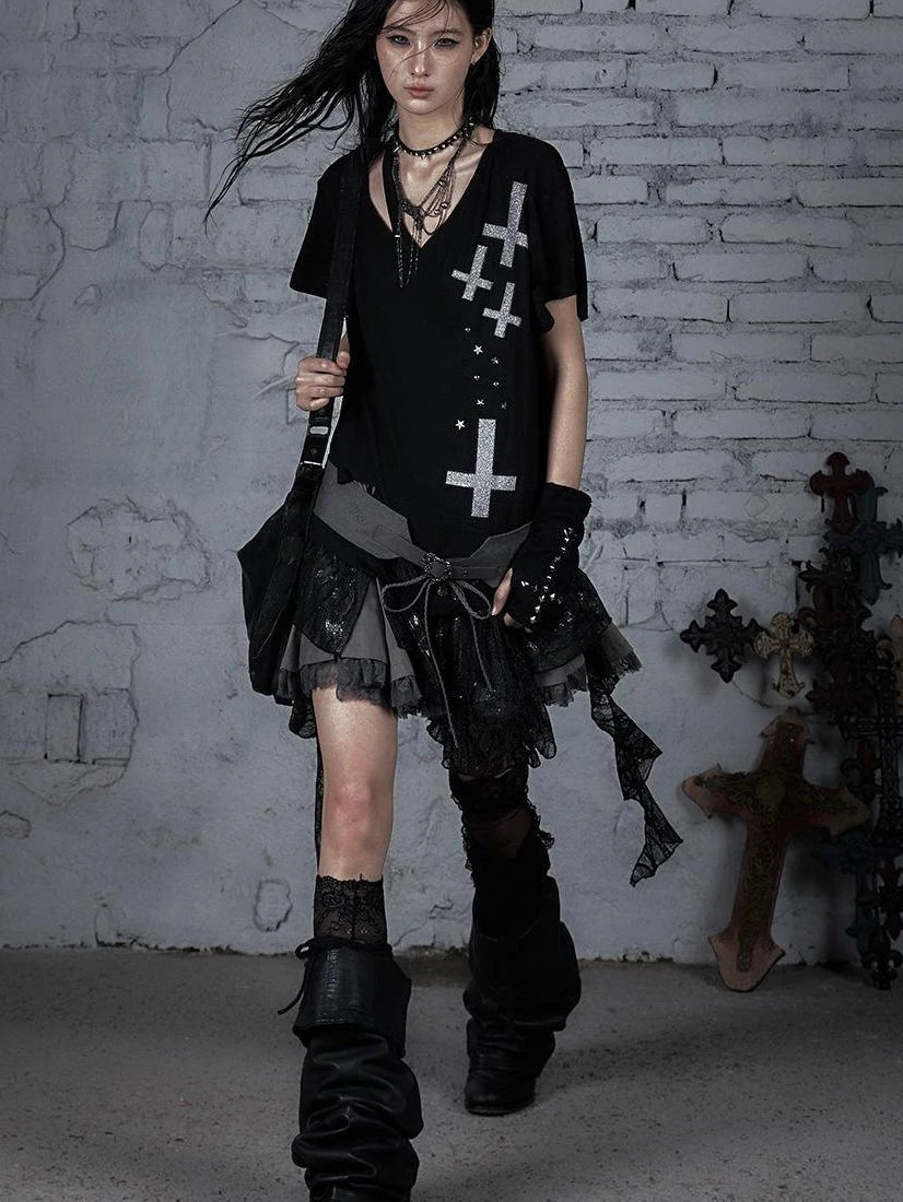 Edgy Punk Rock Distressed Lace Trim Asym Hem Loose T-Shirt
