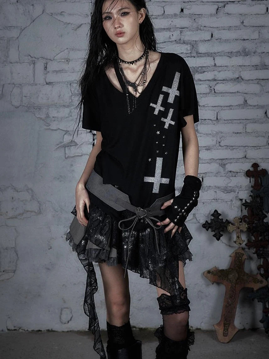 Edgy Punk Rock Distressed Lace Trim Asym Hem Loose T-Shirt