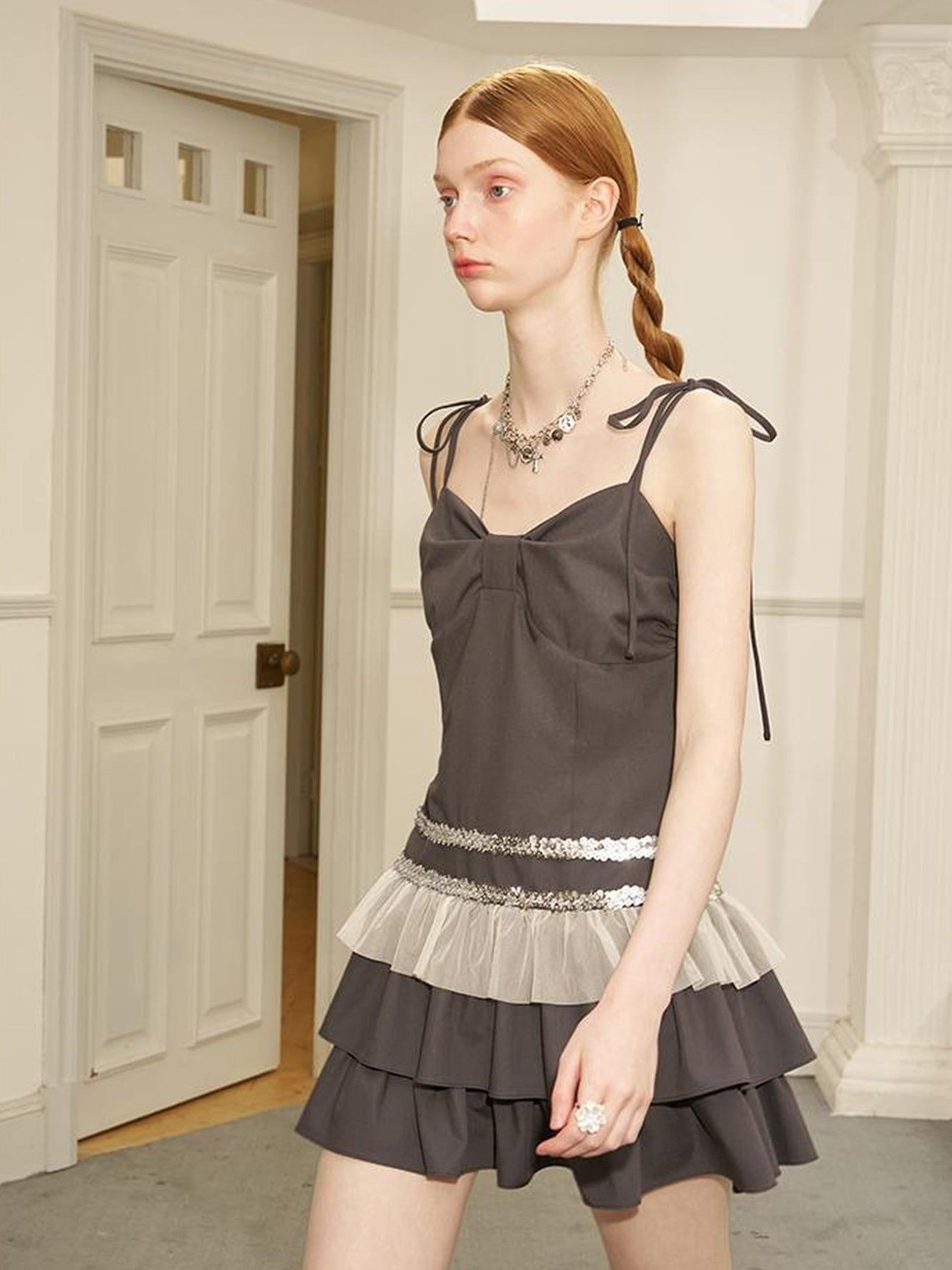 DIDDI MODA Elegant Beaded Mesh Tie Waist Dress