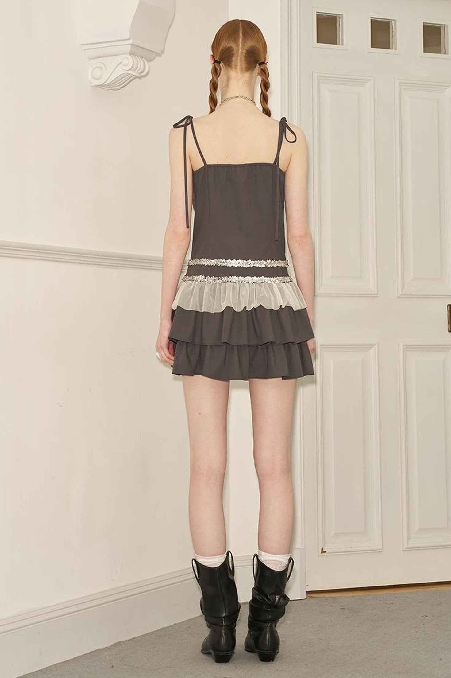 DIDDI MODA Elegant Beaded Mesh Tie Waist Dress