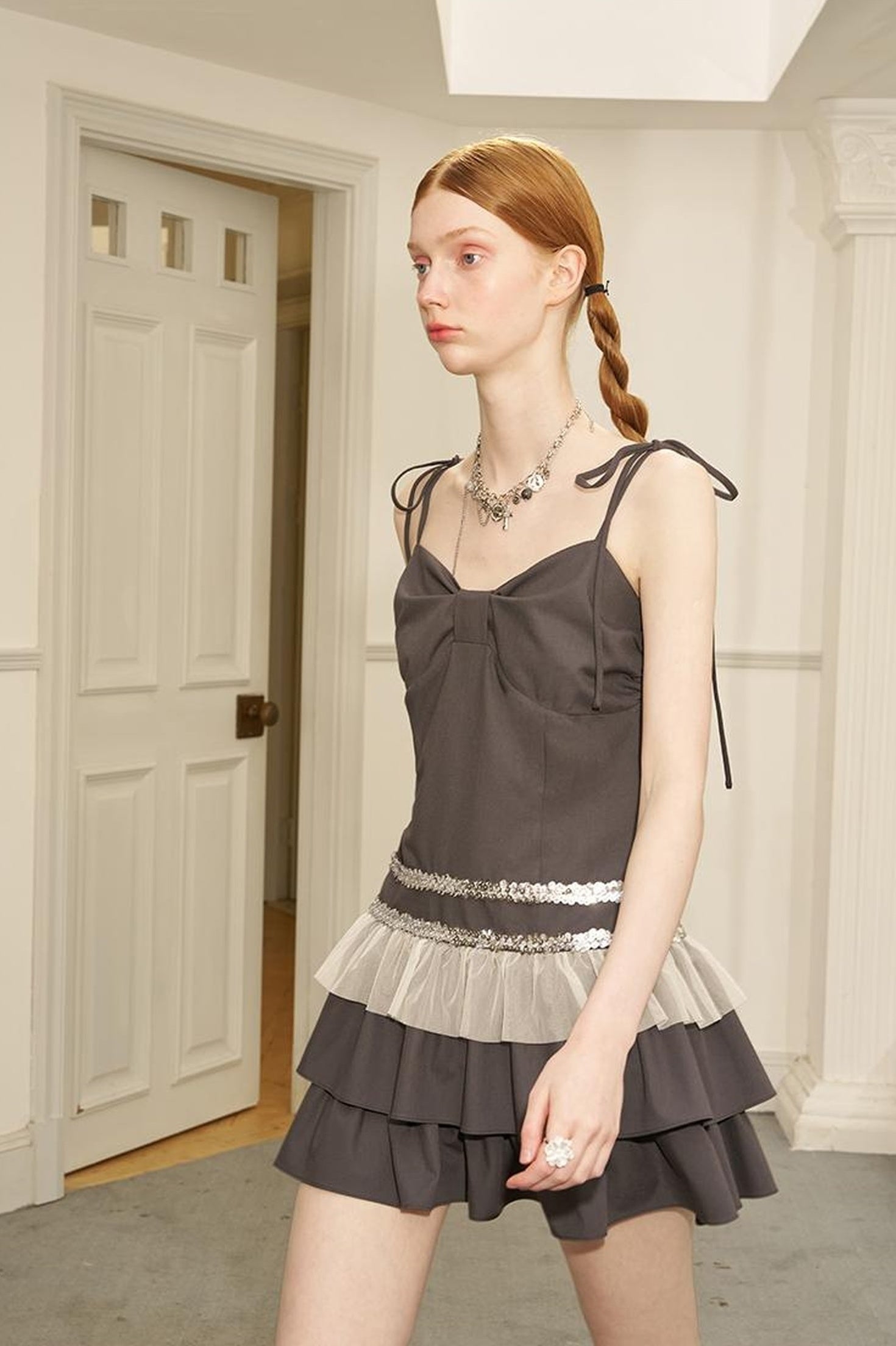 DIDDI MODA Elegant Beaded Mesh Tie Waist Dress