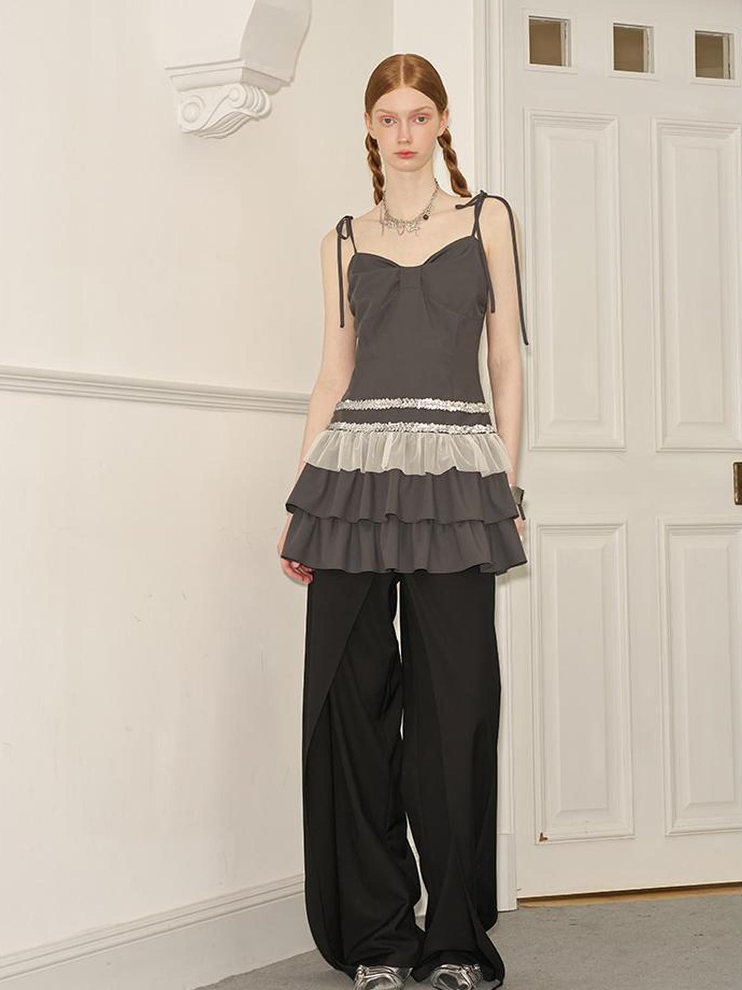 DIDDI MODA Elegant Beaded Mesh Tie Waist Dress