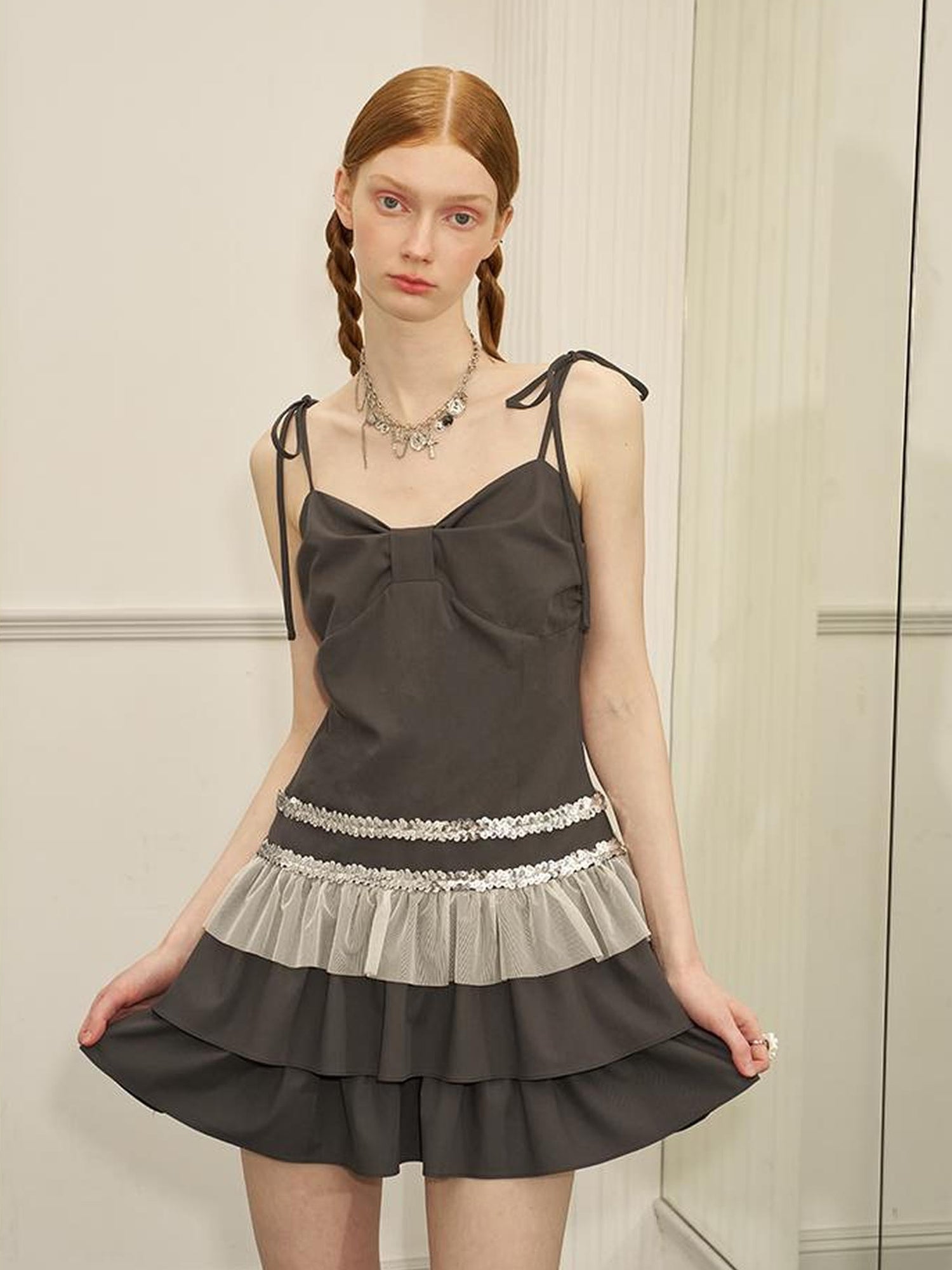 DIDDI MODA Elegant Beaded Mesh Tie Waist Dress