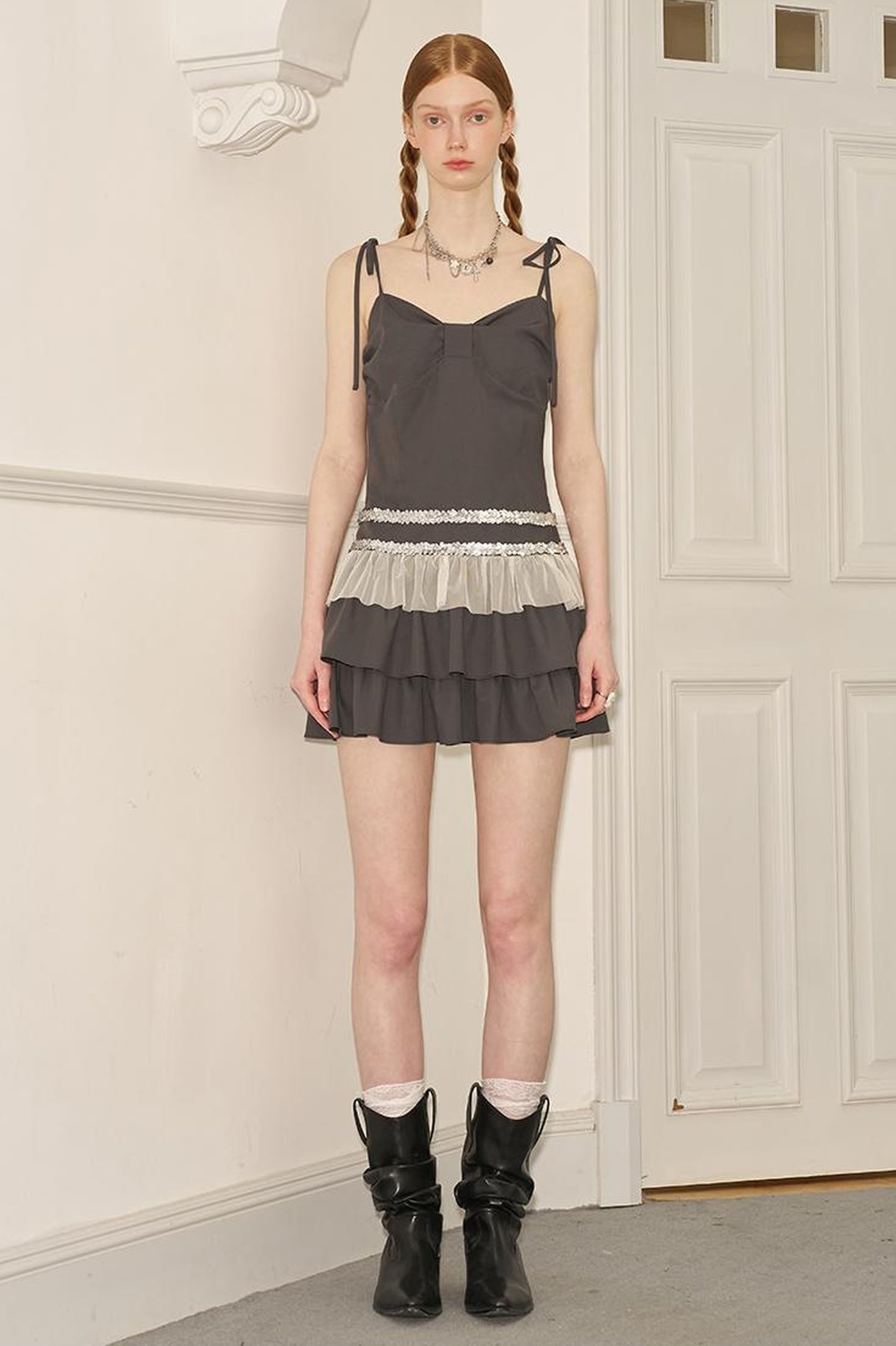 DIDDI MODA Elegant Beaded Mesh Tie Waist Dress