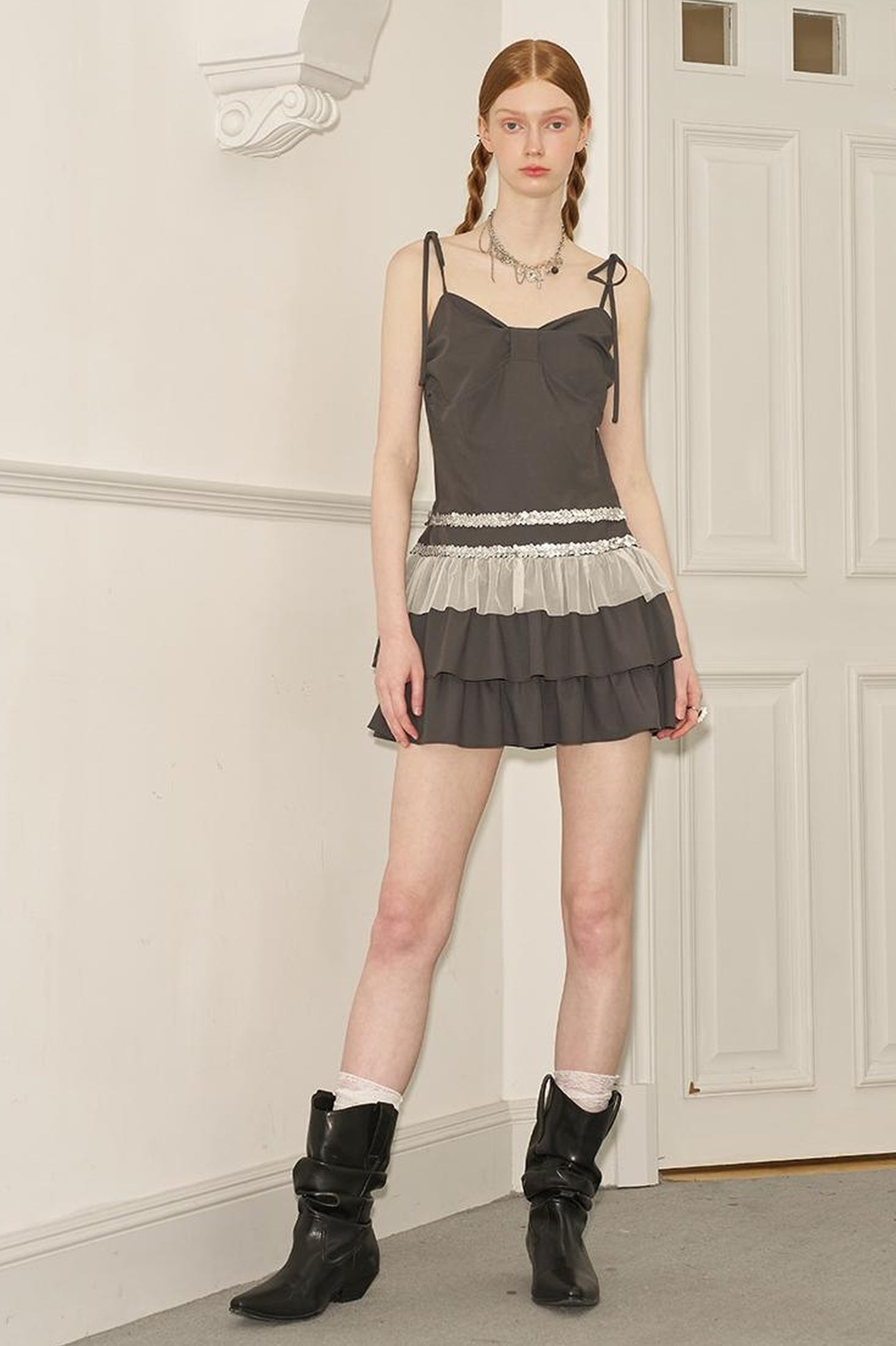 DIDDI MODA Elegant Beaded Mesh Tie Waist Dress