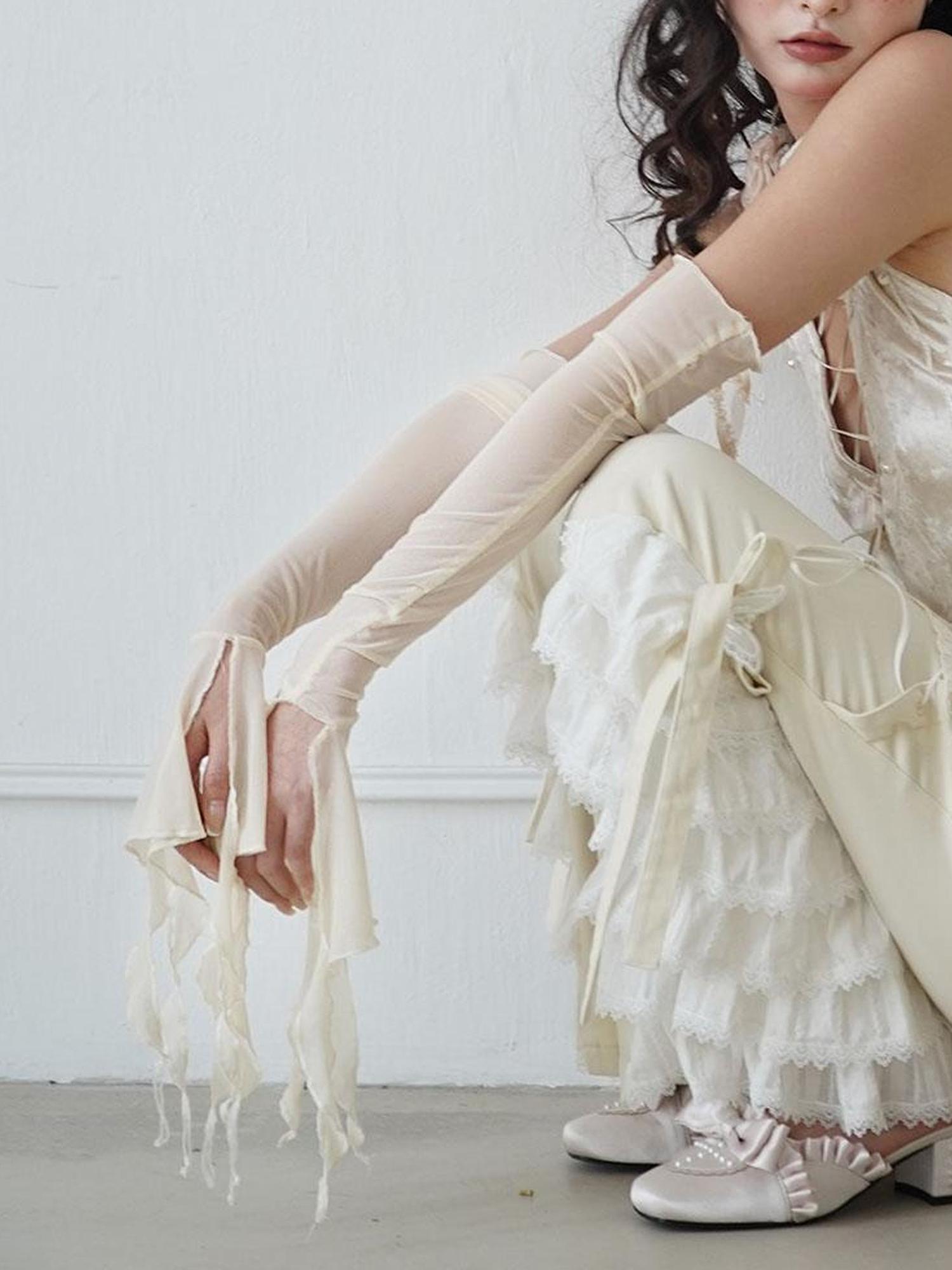WSW WUSHENWU Elegant Beige Sheer Mesh Sleeves Top With Alluring Eye Design