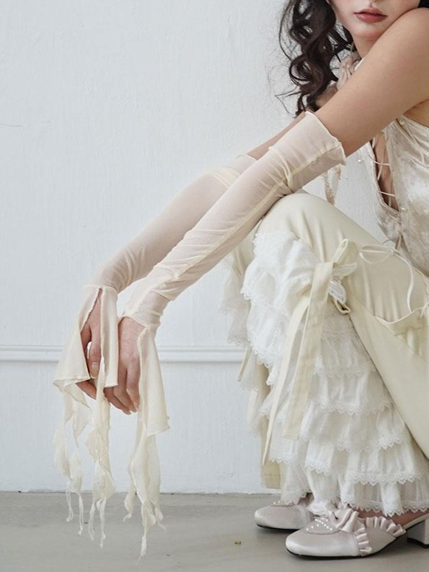 WSW WUSHENWU Elegant Beige Sheer Mesh Sleeves Top With Alluring Eye Design