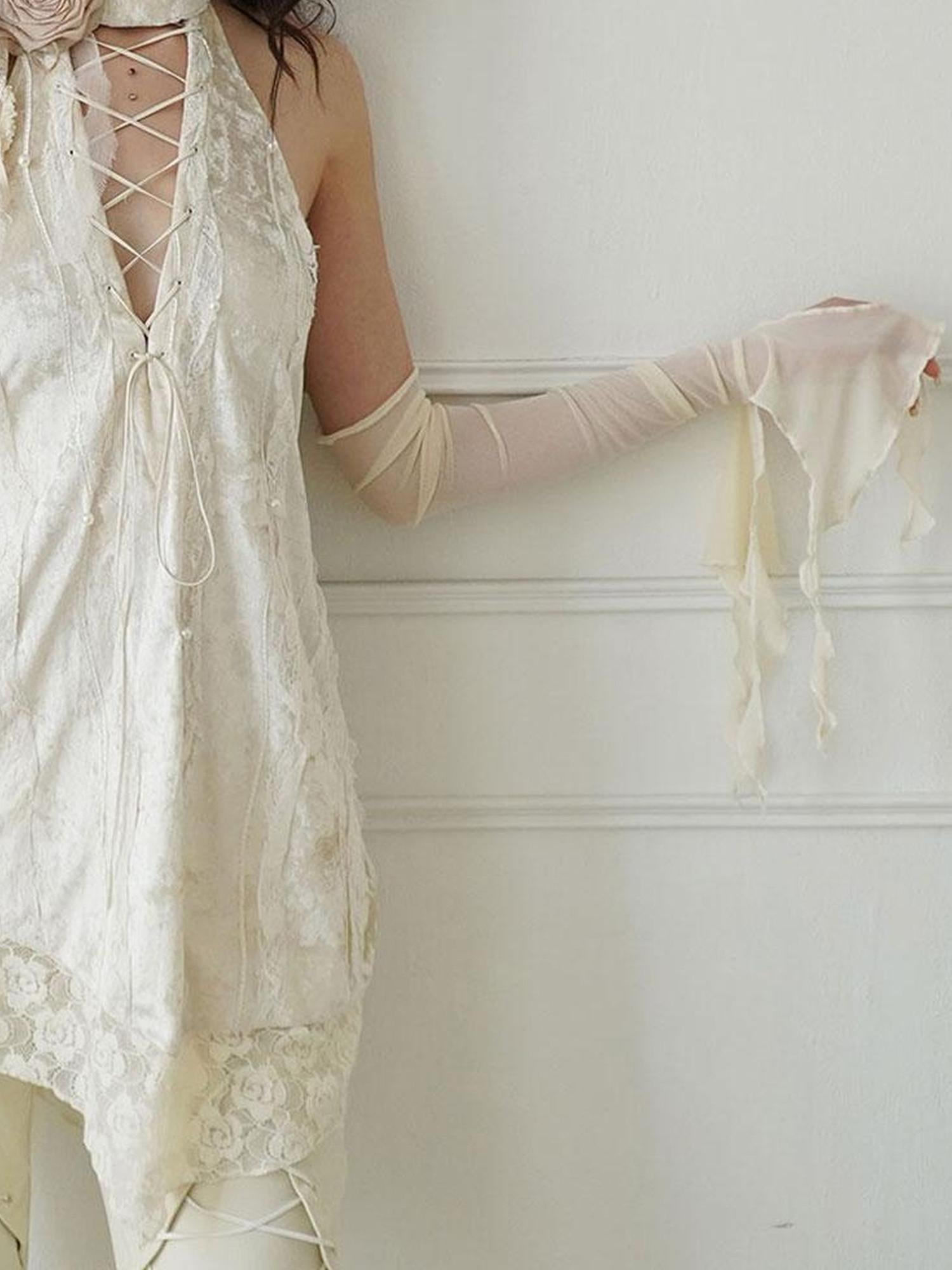 WSW WUSHENWU Elegant Beige Sheer Mesh Sleeves Top With Alluring Eye Design