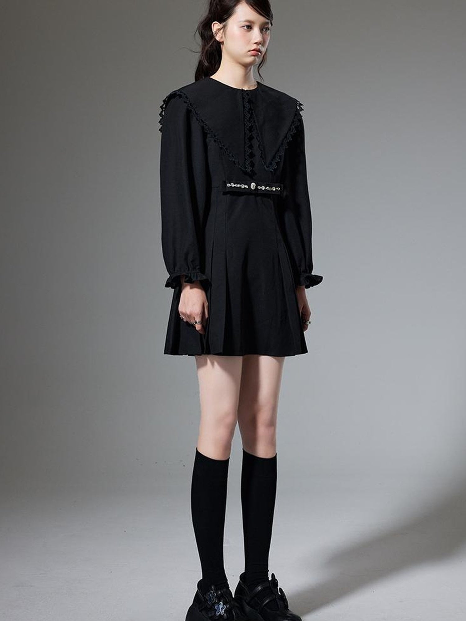 DIDDI MODA Elegant Black A Line Dress With Bow Crystal Detailing