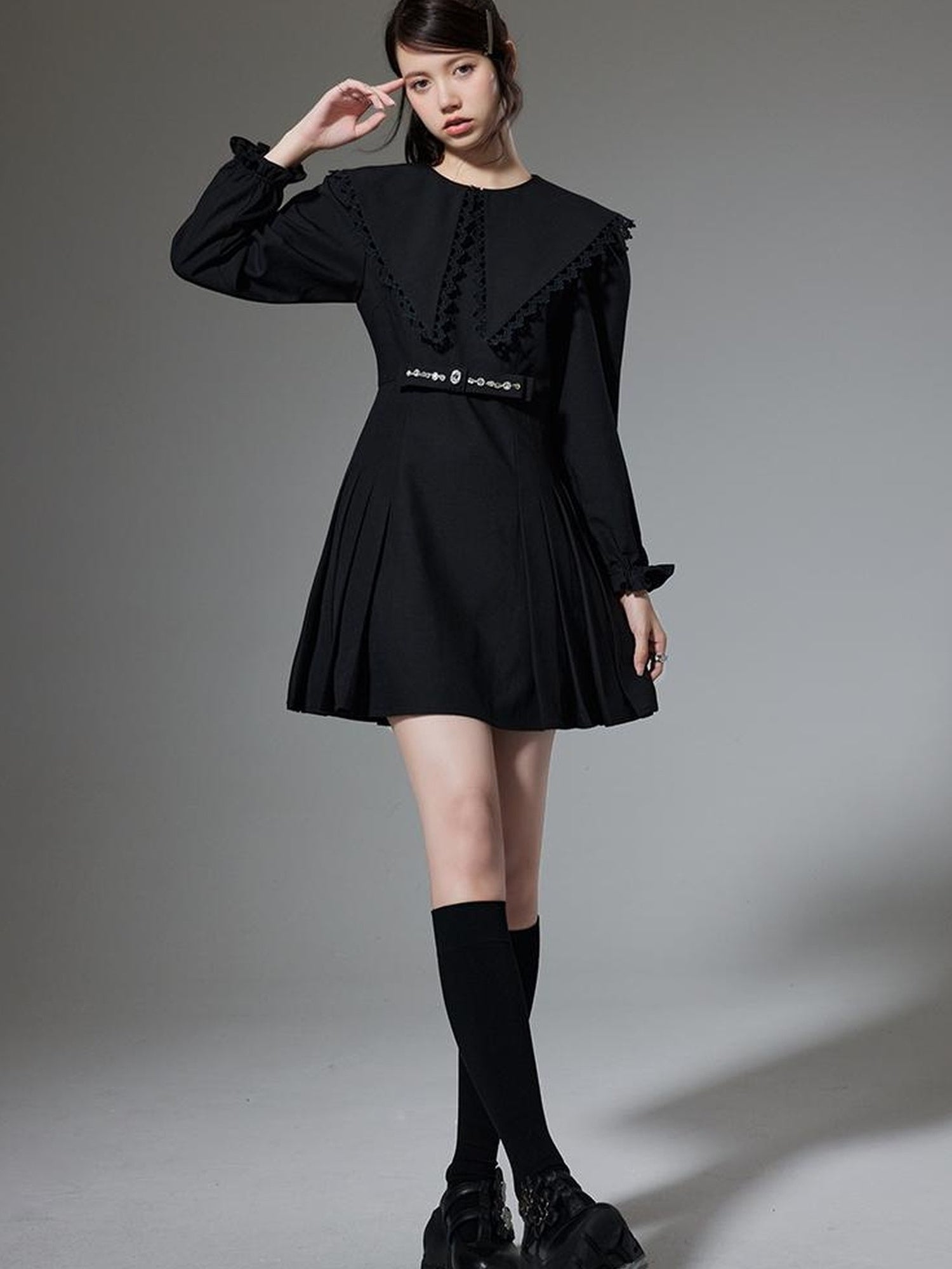 DIDDI MODA Elegant Black A Line Dress With Bow Crystal Detailing