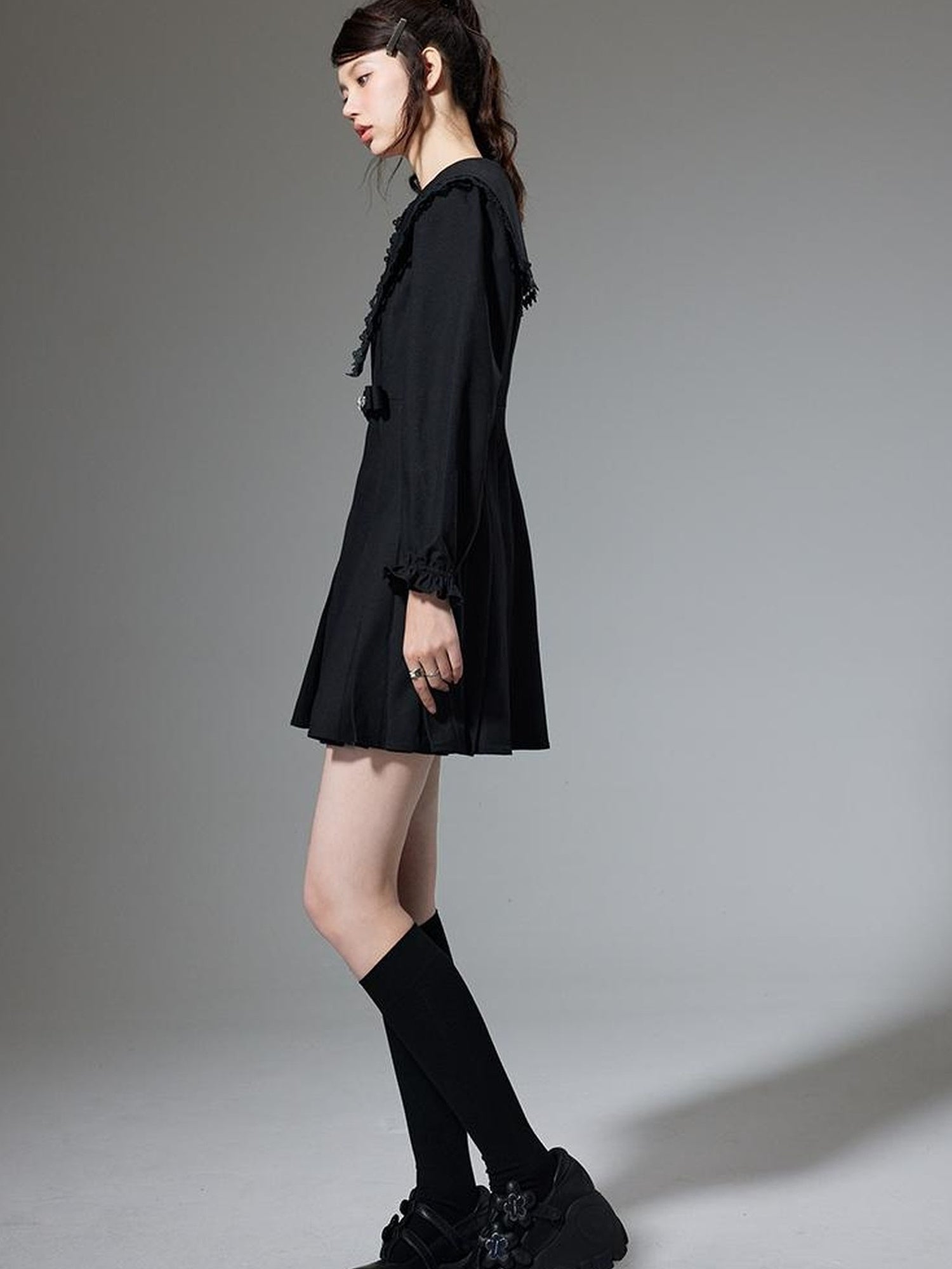 DIDDI MODA Elegant Black A Line Dress With Bow Crystal Detailing