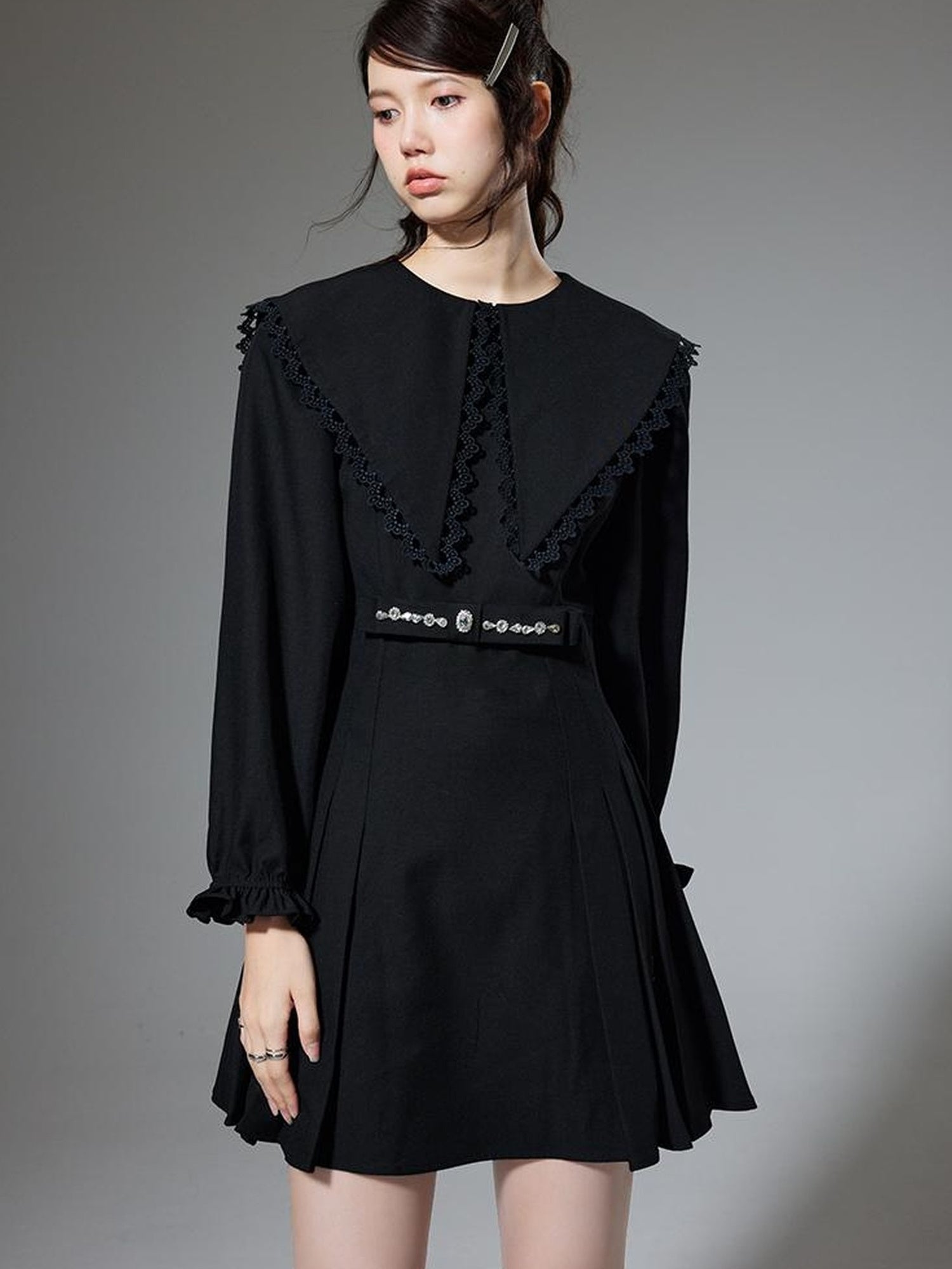 DIDDI MODA Elegant Black A Line Dress With Bow Crystal Detailing