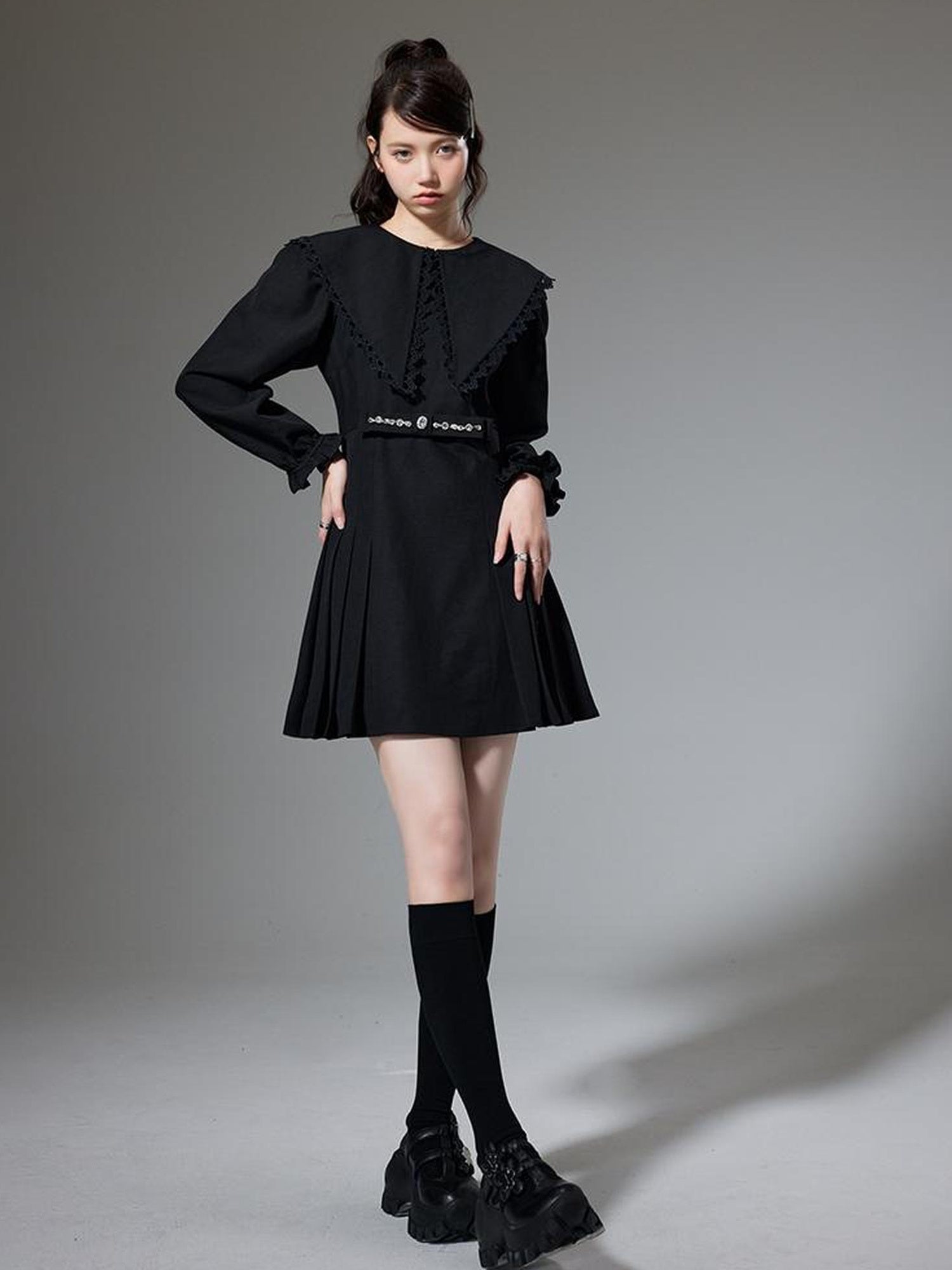 DIDDI MODA Elegant Black A Line Dress With Bow Crystal Detailing