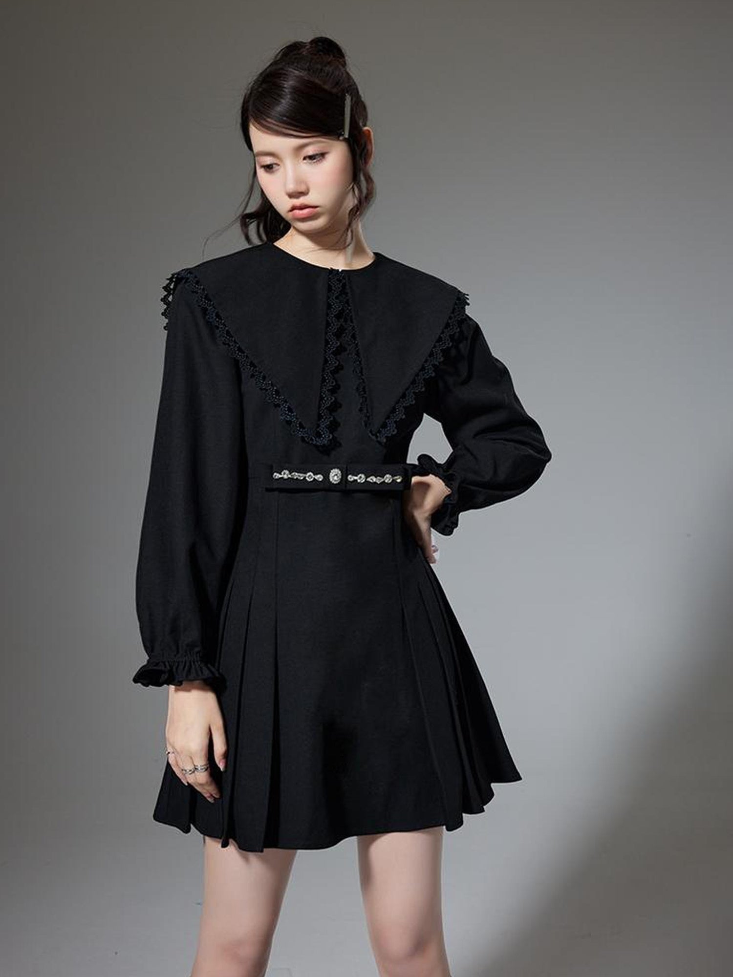 DIDDI MODA Elegant Black A Line Dress With Bow Crystal Detailing