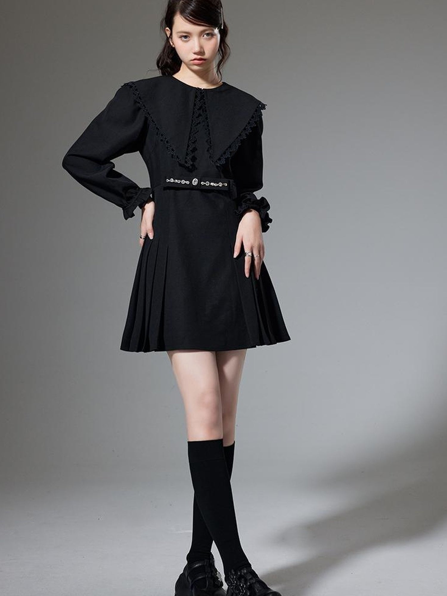 DIDDI MODA Elegant Black A Line Dress With Bow Crystal Detailing