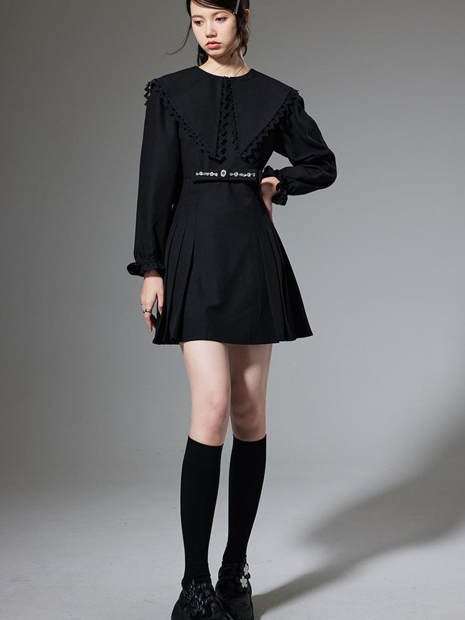 DIDDI MODA Elegant Black A Line Dress With Bow Crystal Detailing