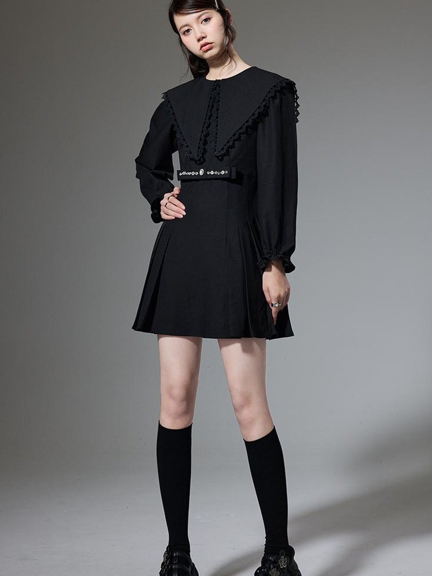 DIDDI MODA Elegant Black A Line Dress With Bow Crystal Detailing