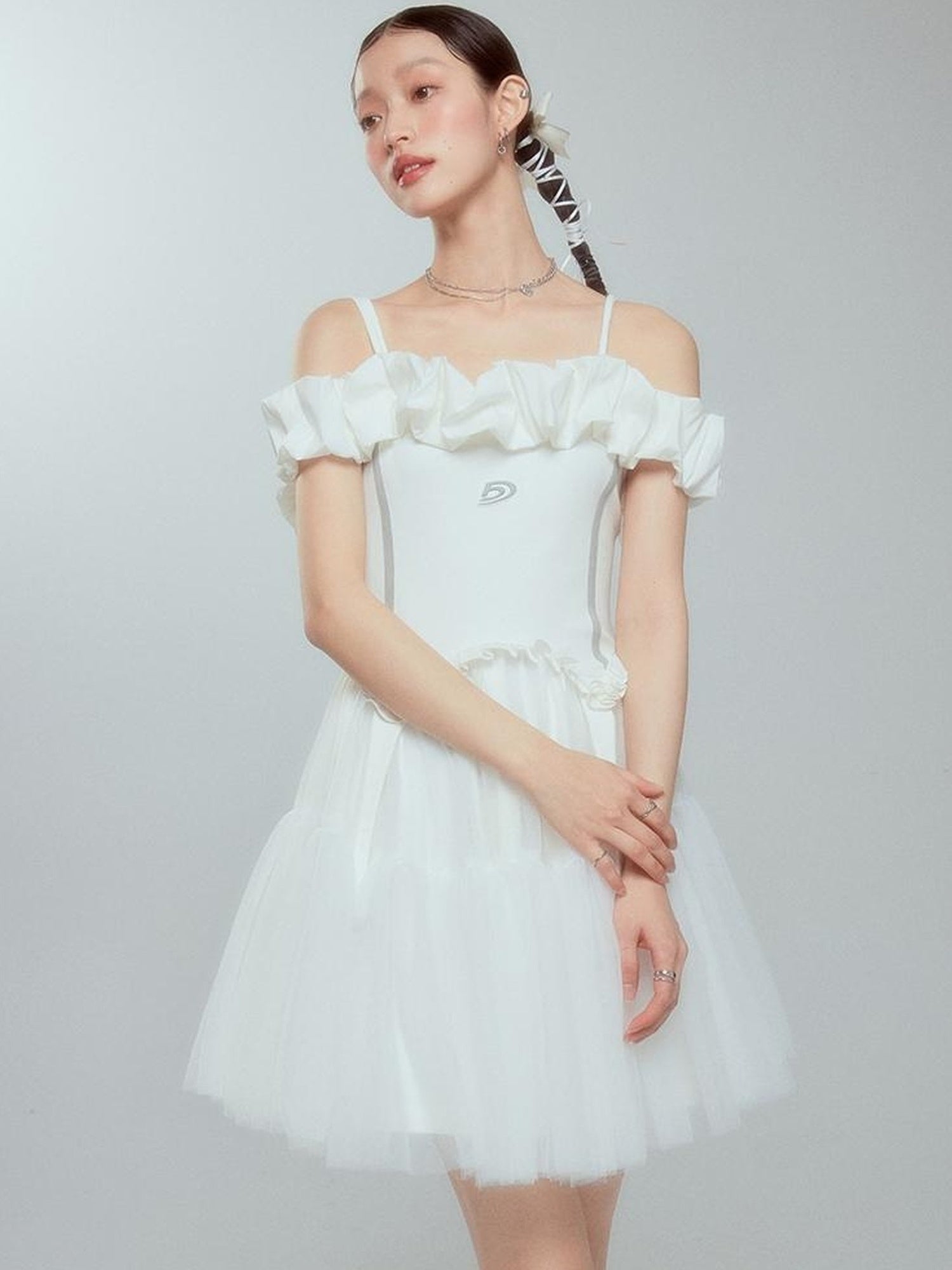 DIDDI MODA Elegant Black Ballet Off Shoulder A Line Dress With Flowy Mesh Skirt