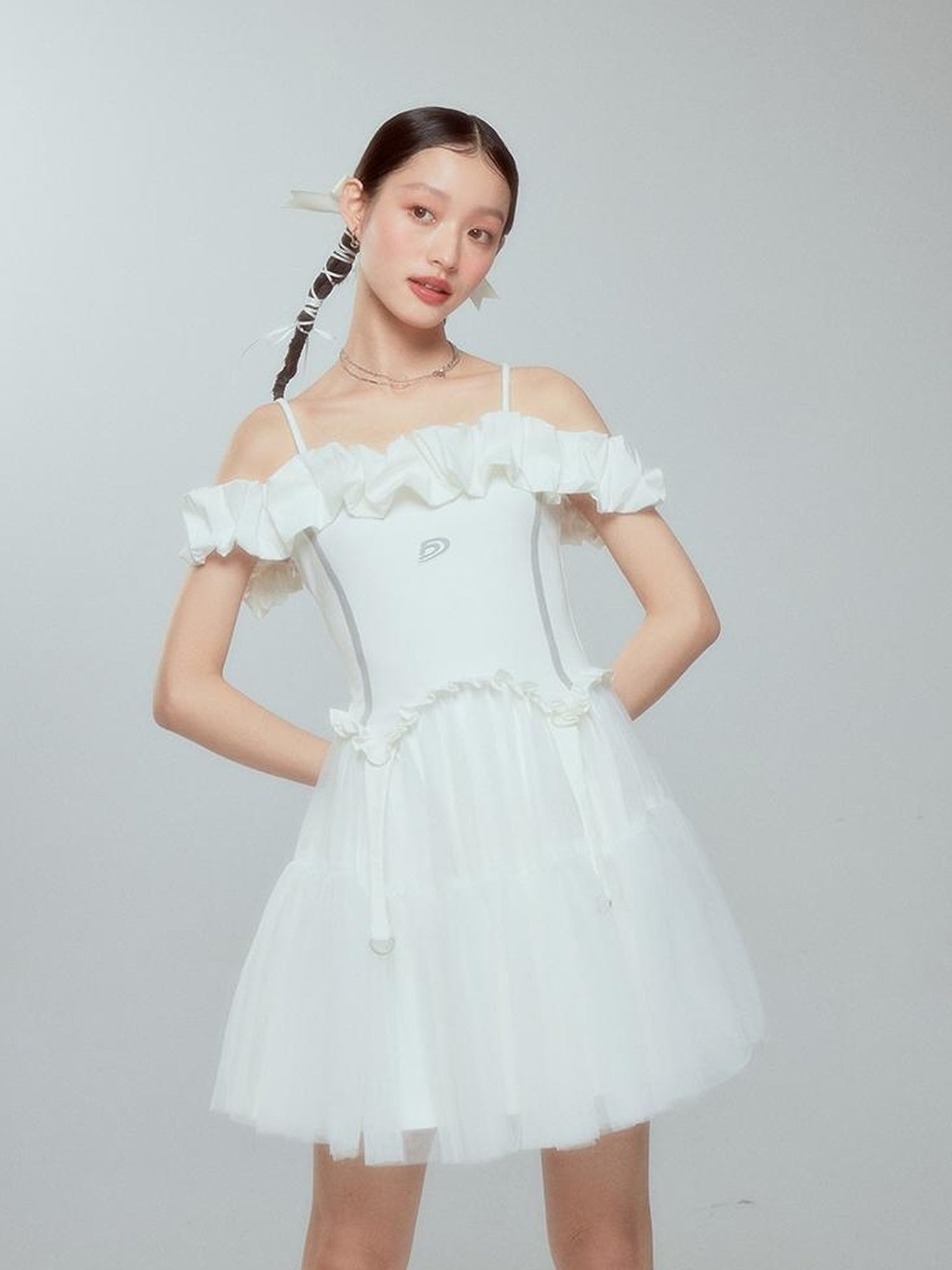 DIDDI MODA Elegant Black Ballet Off Shoulder A Line Dress With Flowy Mesh Skirt