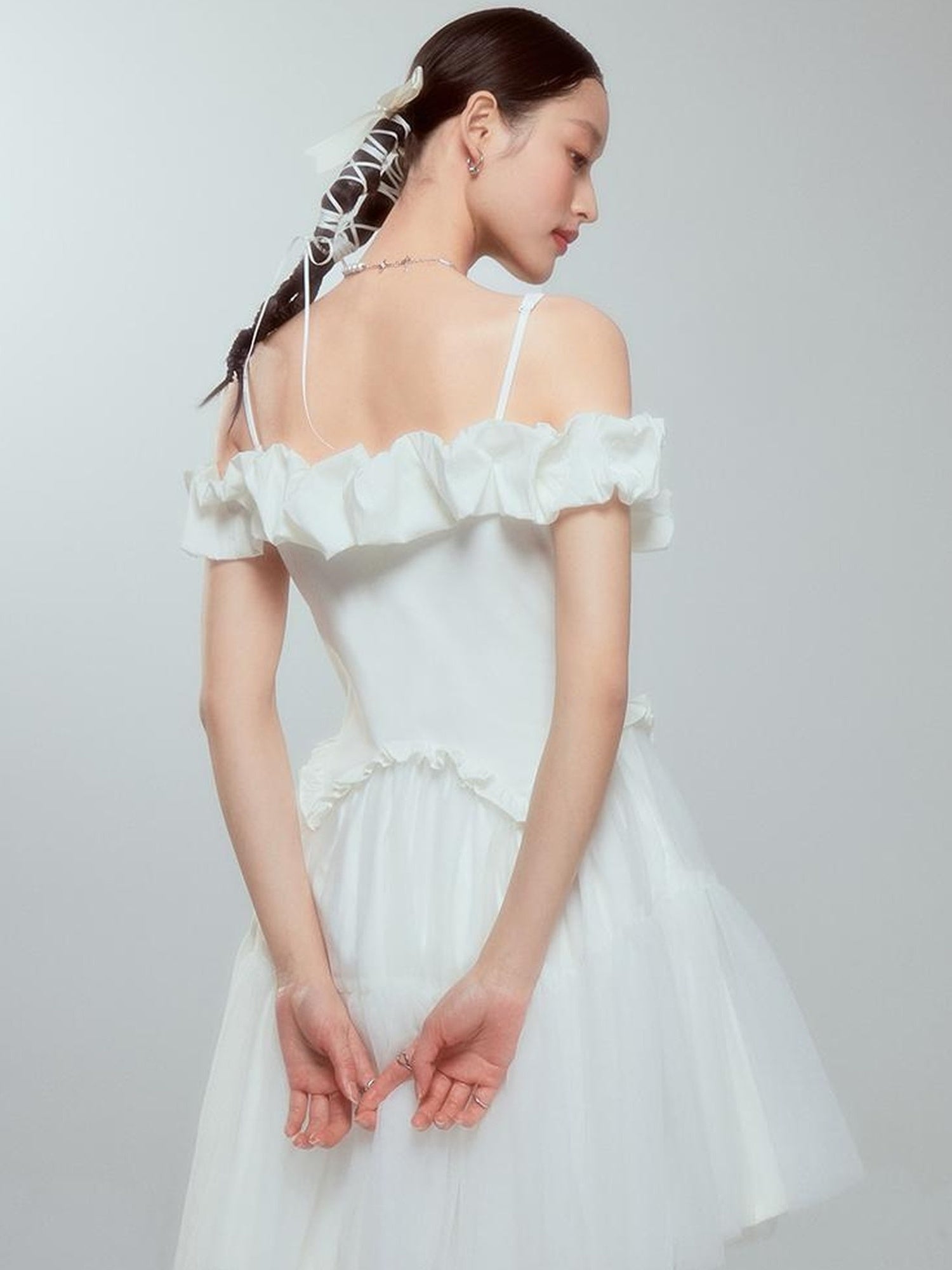 DIDDI MODA Elegant Black Ballet Off Shoulder A Line Dress With Flowy Mesh Skirt