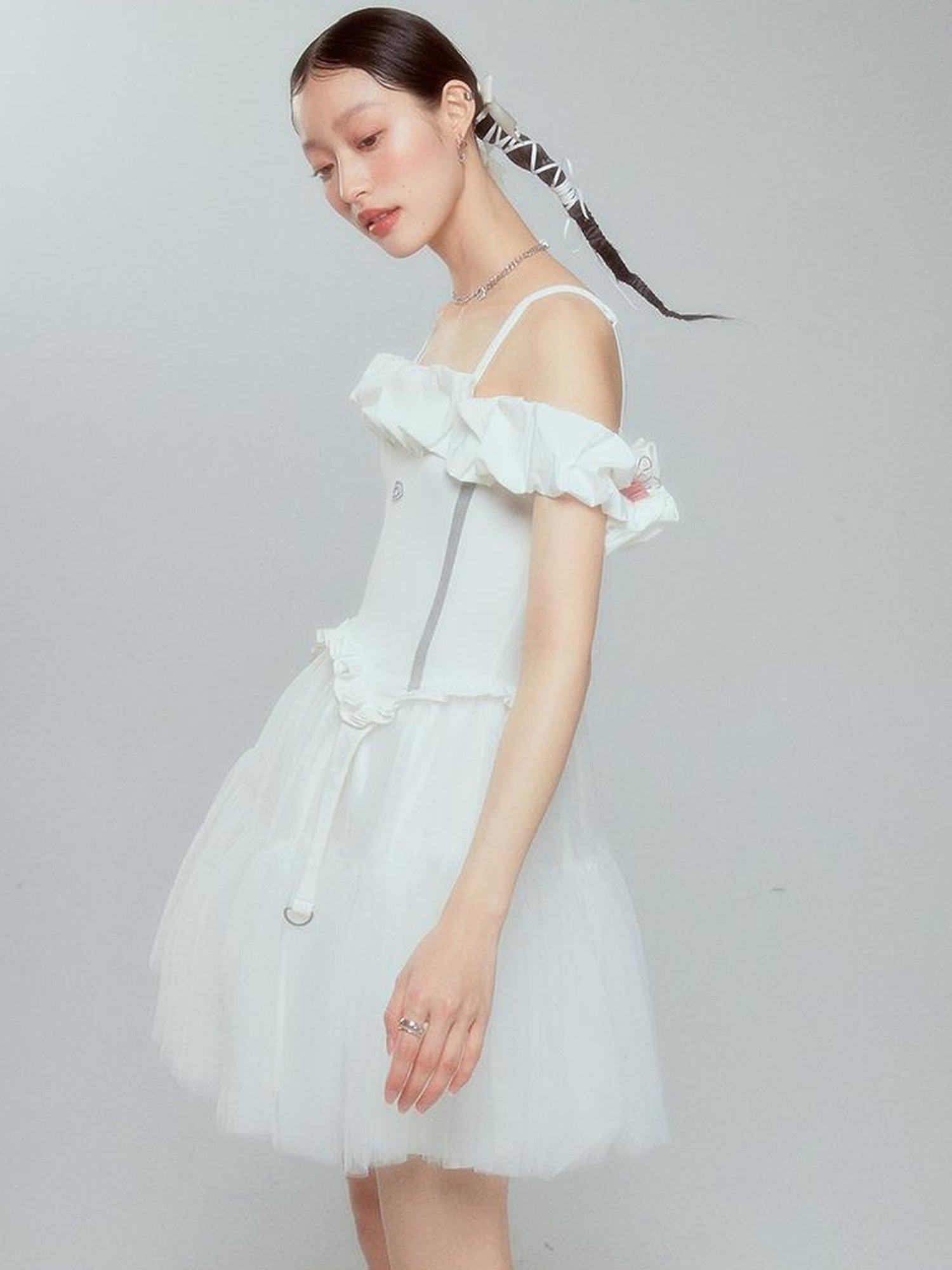 DIDDI MODA Elegant Black Ballet Off Shoulder A Line Dress With Flowy Mesh Skirt