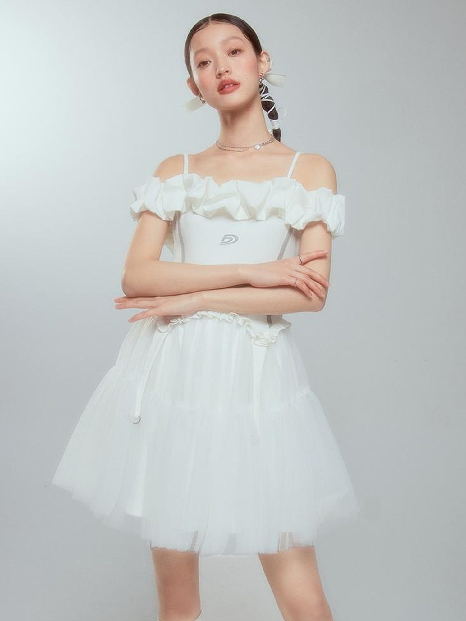 DIDDI MODA Elegant Black Ballet Off Shoulder A Line Dress With Flowy Mesh Skirt