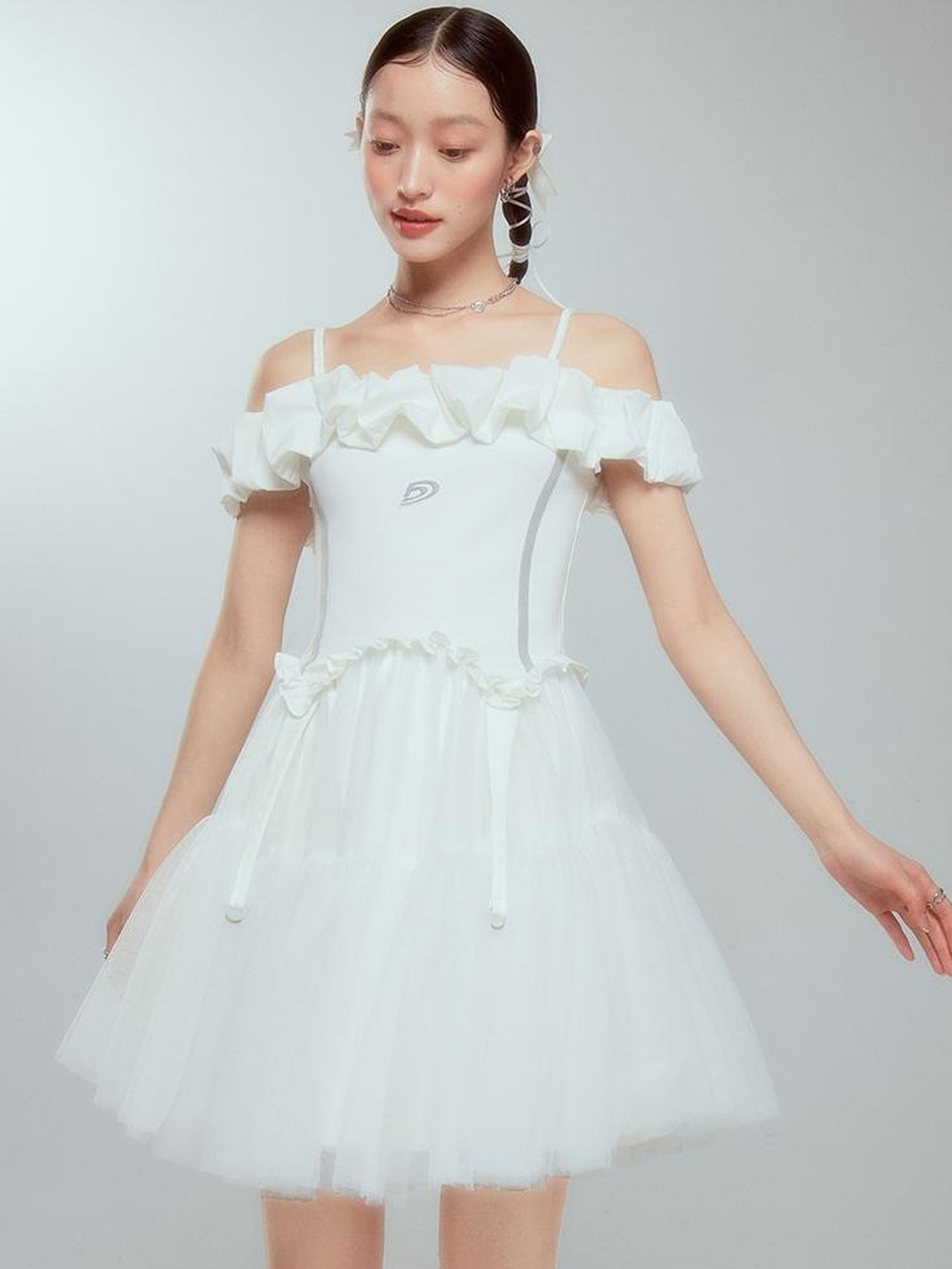 DIDDI MODA Elegant Black Ballet Off Shoulder A Line Dress With Flowy Mesh Skirt