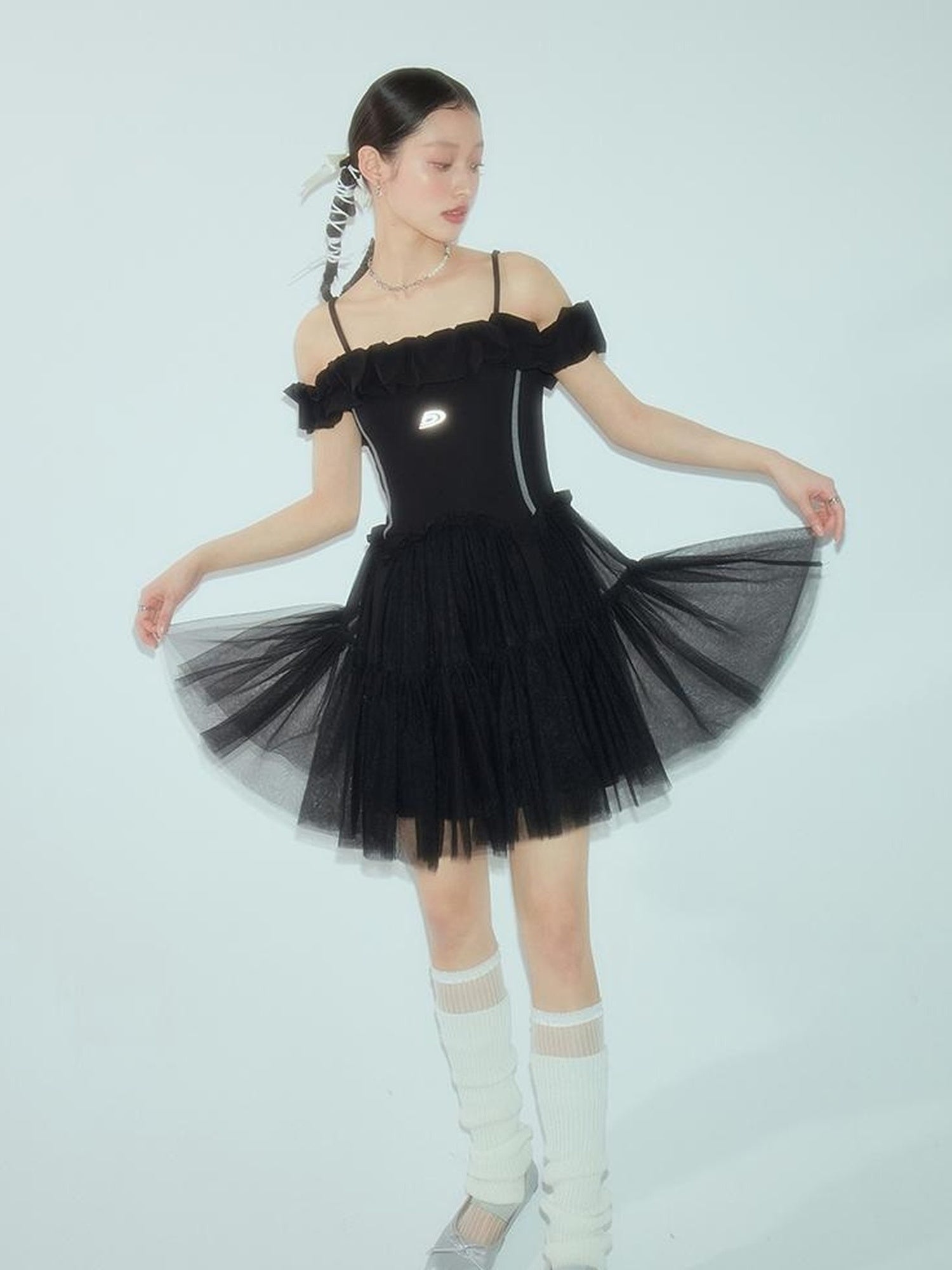 DIDDI MODA Elegant Black Ballet Off Shoulder A Line Dress With Flowy Mesh Skirt