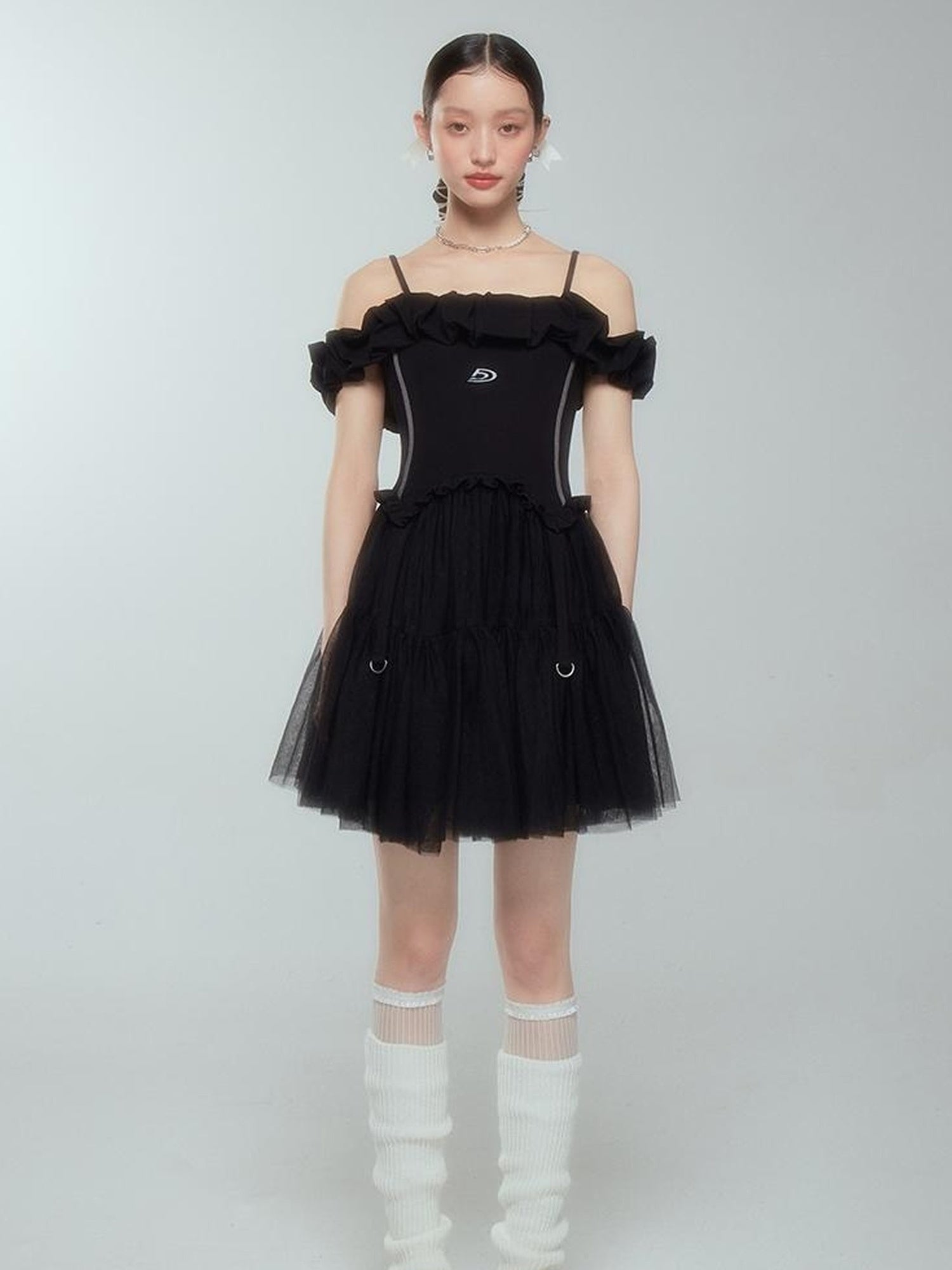 DIDDI MODA Elegant Black Ballet Off Shoulder A Line Dress With Flowy Mesh Skirt