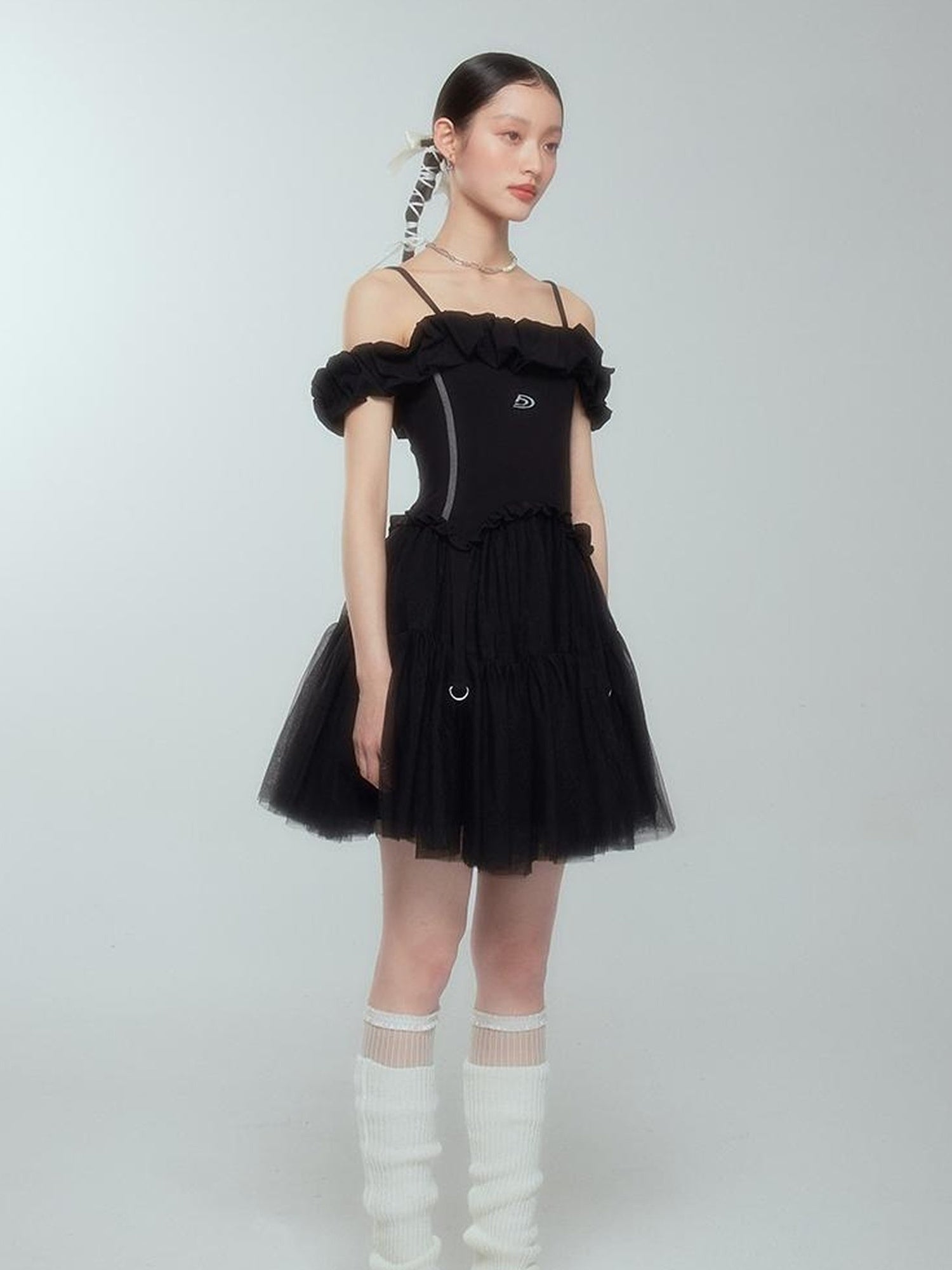 DIDDI MODA Elegant Black Ballet Off Shoulder A Line Dress With Flowy Mesh Skirt