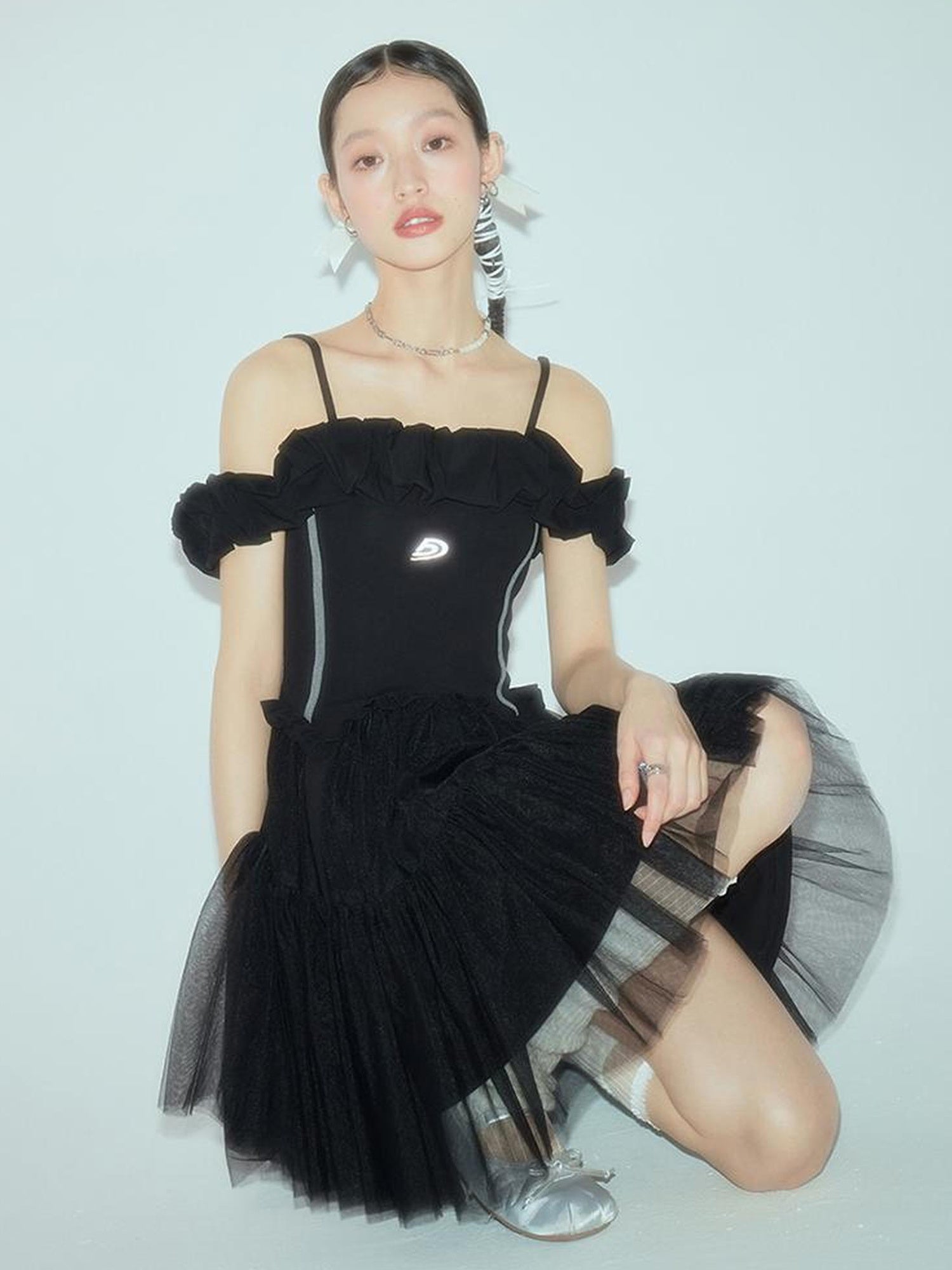 DIDDI MODA Elegant Black Ballet Off Shoulder A Line Dress With Flowy Mesh Skirt