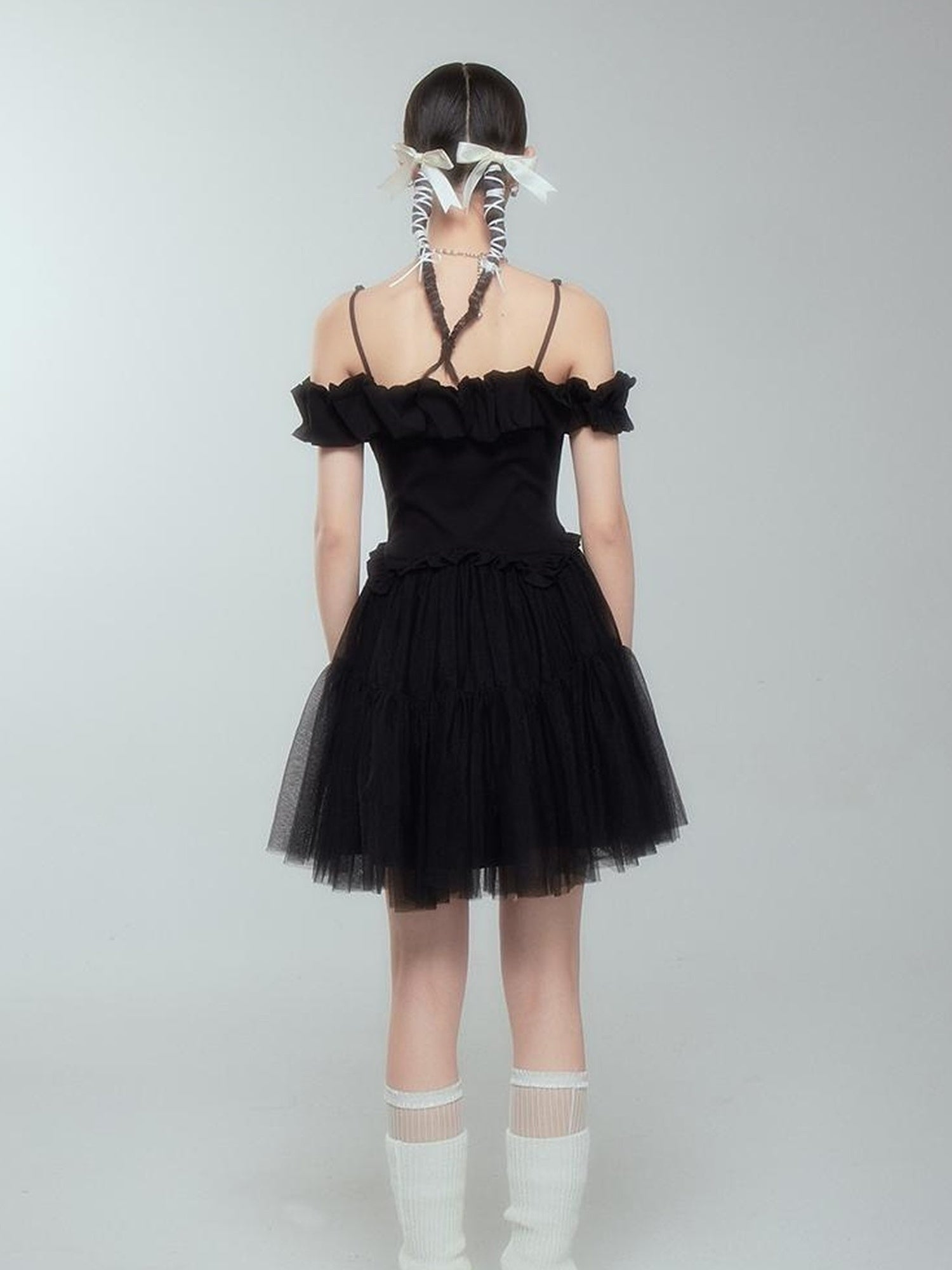 DIDDI MODA Elegant Black Ballet Off Shoulder A Line Dress With Flowy Mesh Skirt