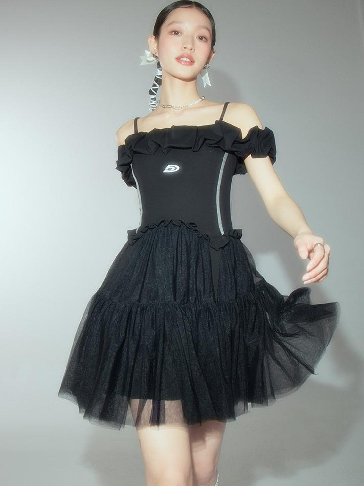 DIDDI MODA Elegant Black Ballet Off Shoulder A Line Dress With Flowy Mesh Skirt