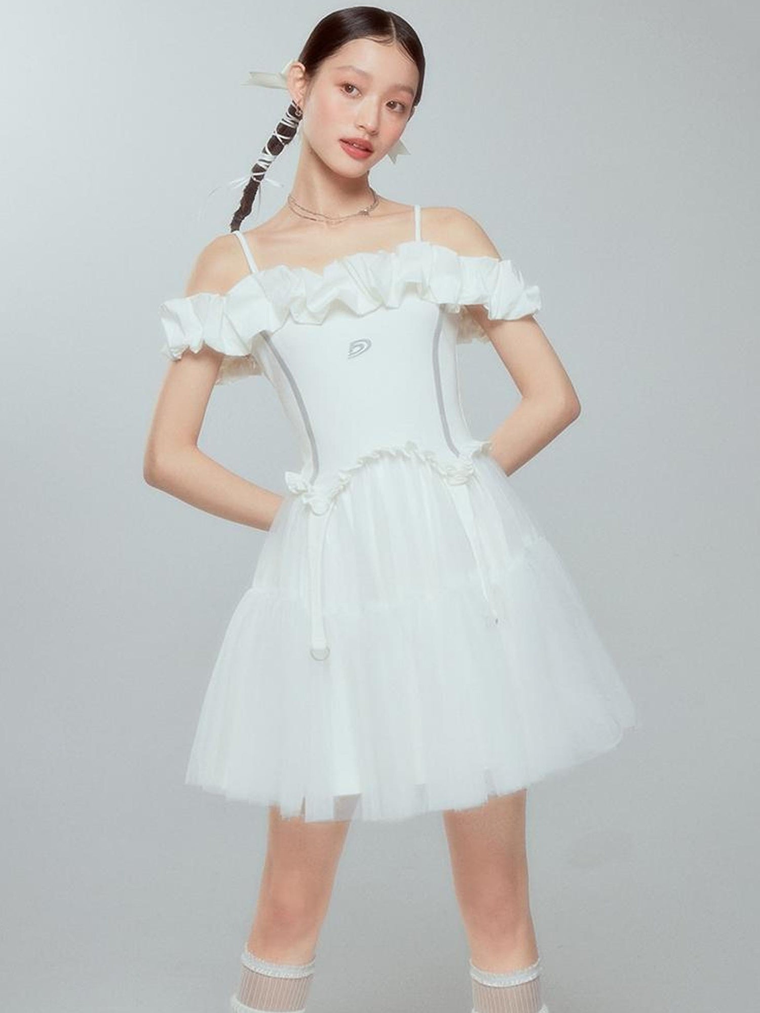 DIDDI MODA Elegant Black Ballet Off Shoulder A Line Dress With Flowy Mesh Skirt