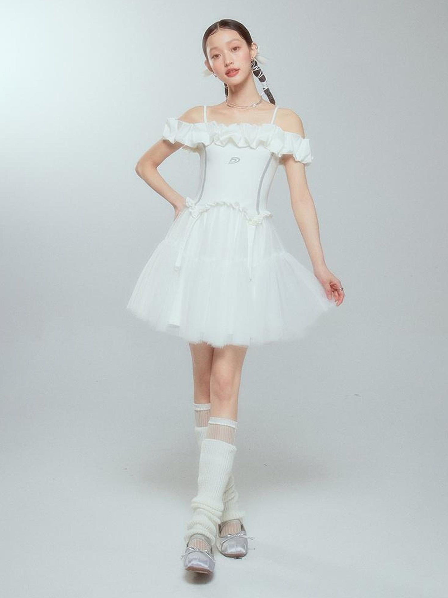 DIDDI MODA Elegant Black Ballet Off Shoulder A Line Dress With Flowy Mesh Skirt